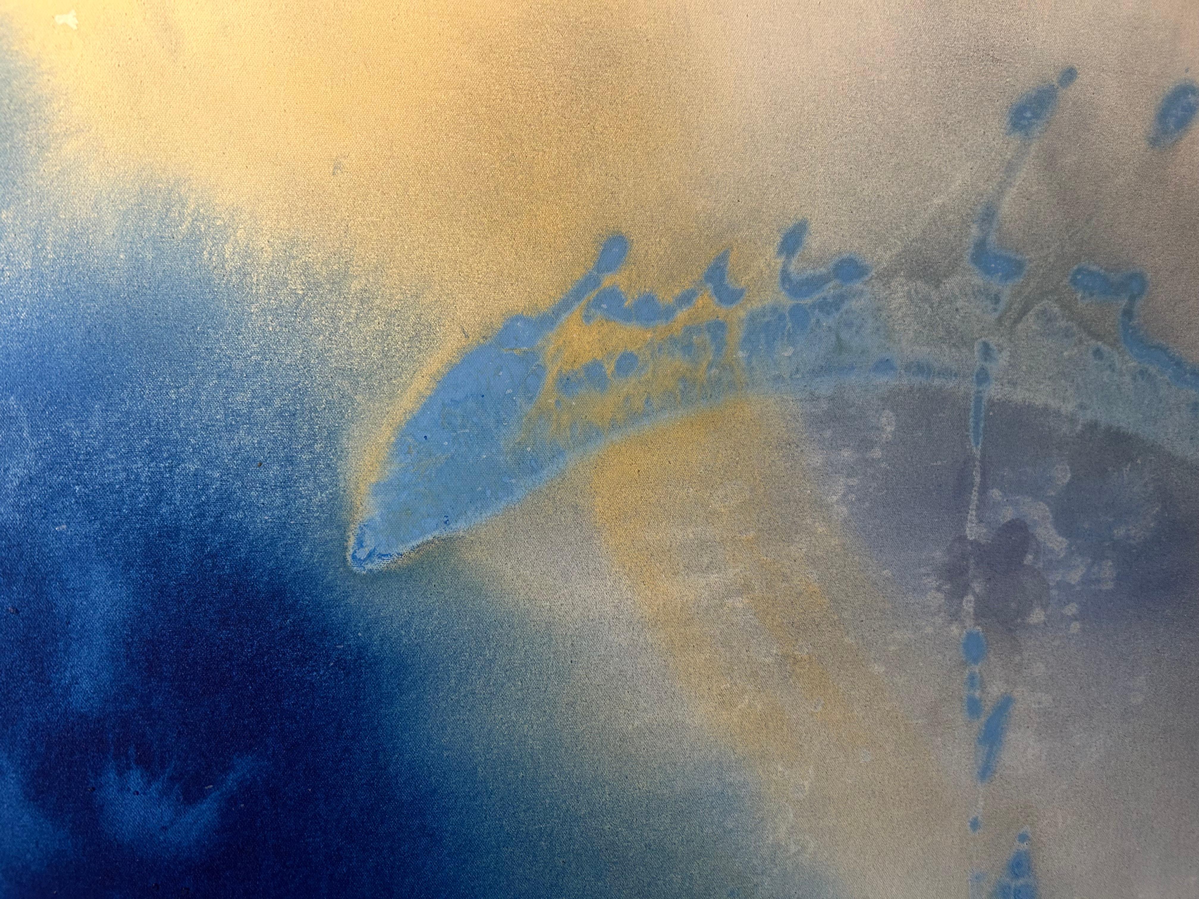 Spirit : peinture à l'huile abstraite bleue et jaune sur toile - Painting de Nancy Pantirer