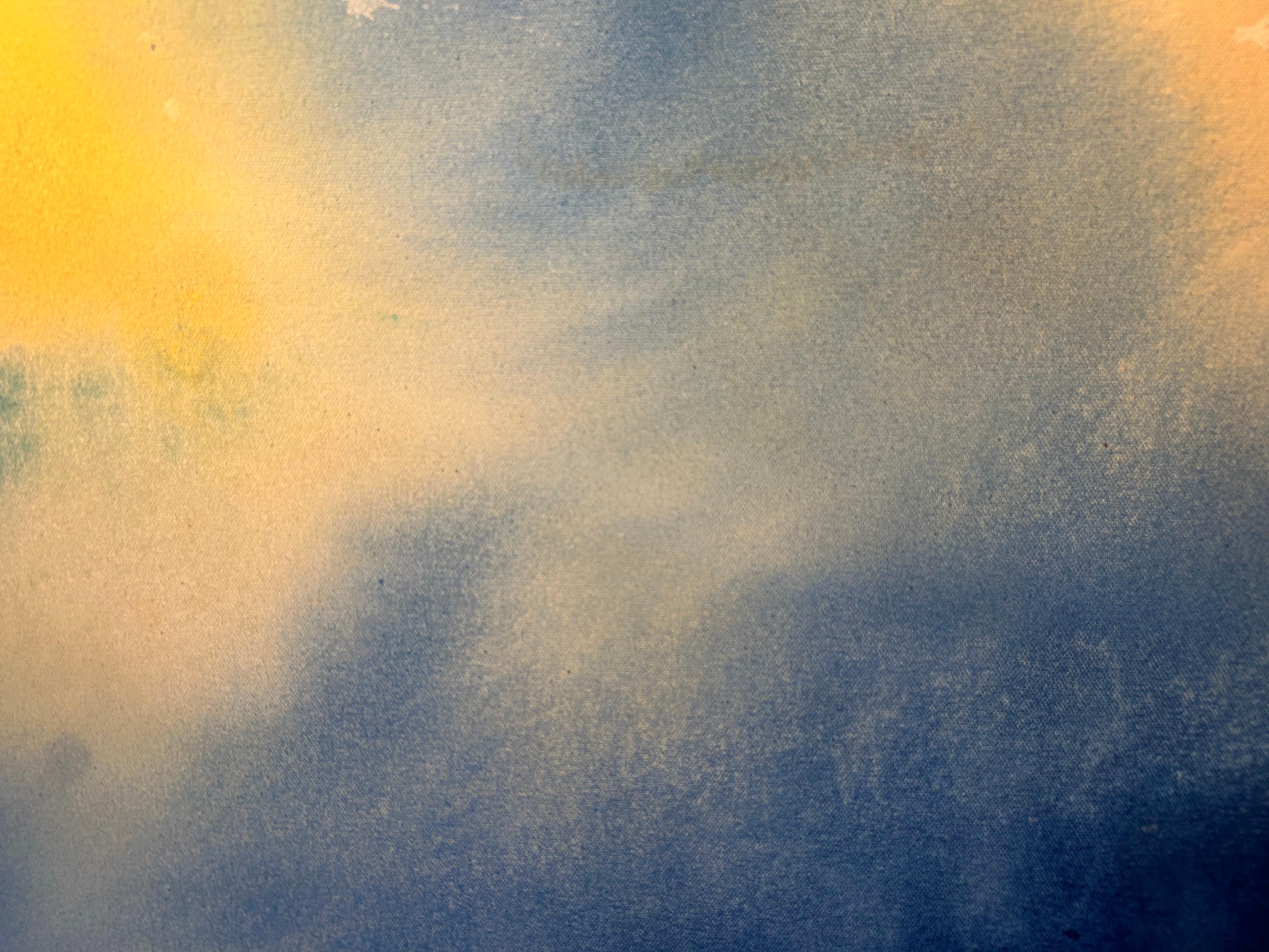 Spirit : peinture à l'huile abstraite bleue et jaune sur toile - Gris Abstract Painting par Nancy Pantirer