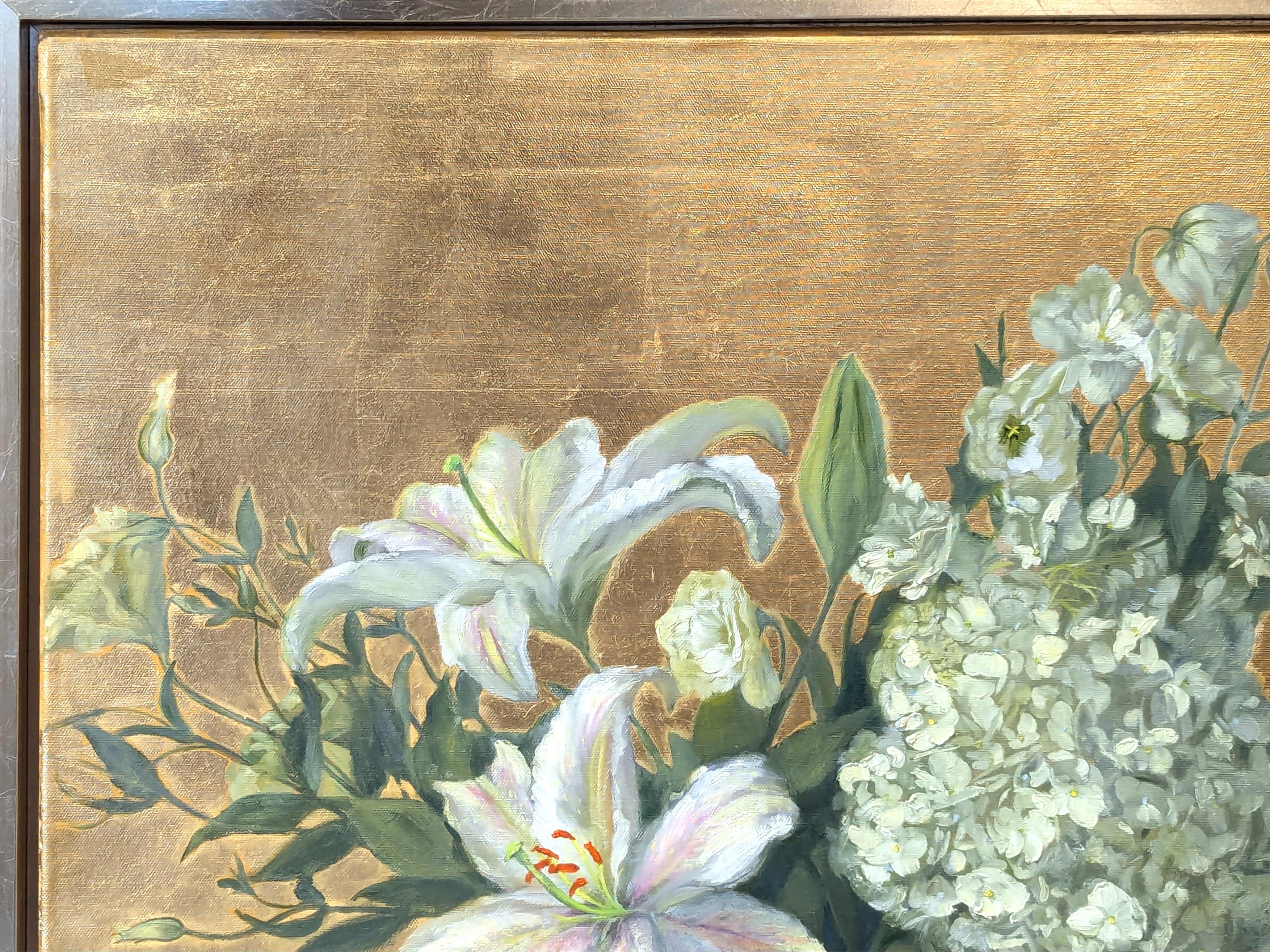 Striking floral still life painting by Houston based artist Nancy Paris Pruden. The work features a vase of lilies and hydrangea flowers on a table set against a gold leaf background. Signed in the front lower left corner. Currently hung in a silver