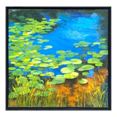 "Lily Pads" Peinture contemporaine naturaliste de paysage bleu et vert Nature