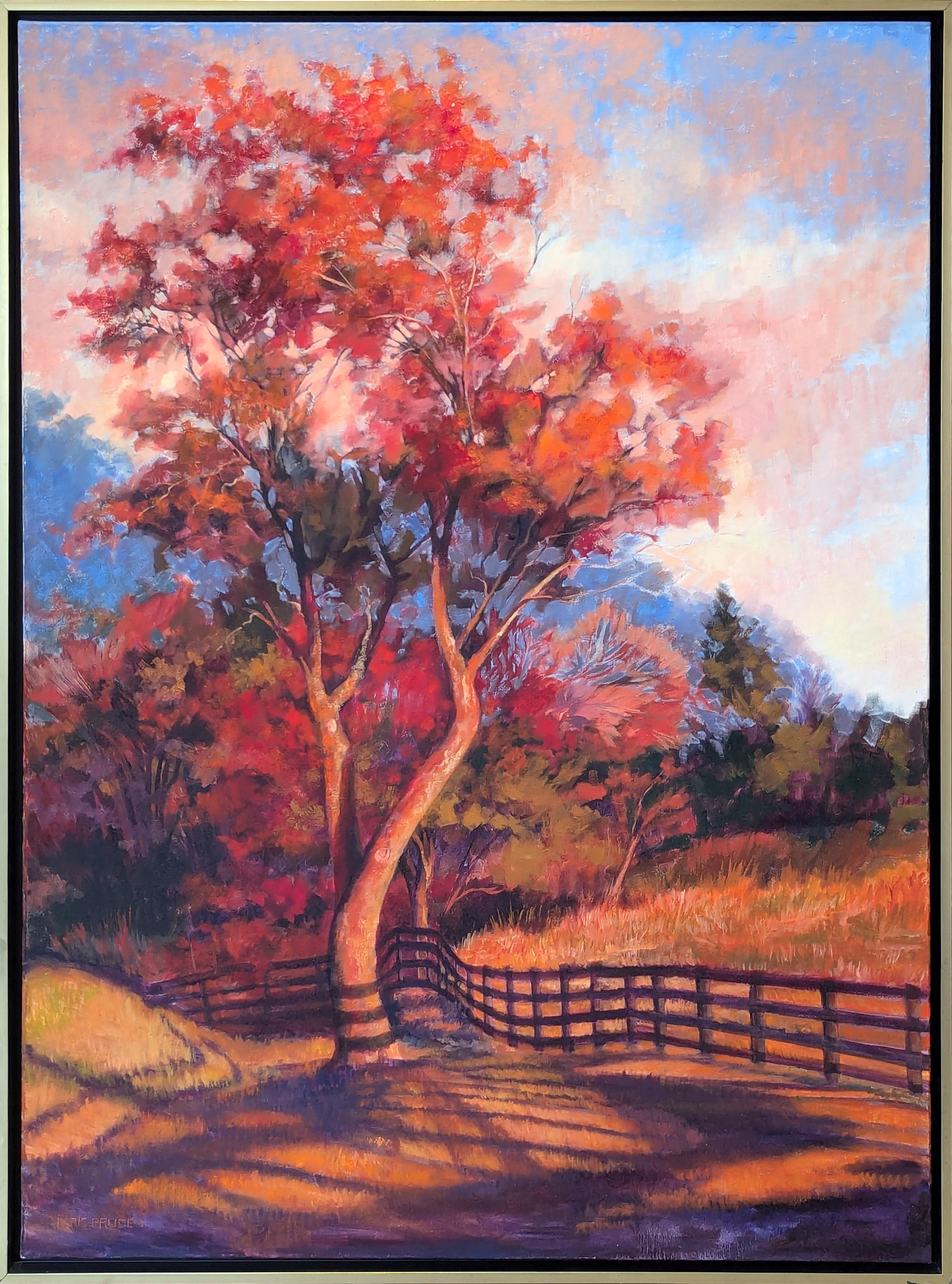 "Orange Light" Pittura contemporanea naturalistica con sentiero della natura e foreste