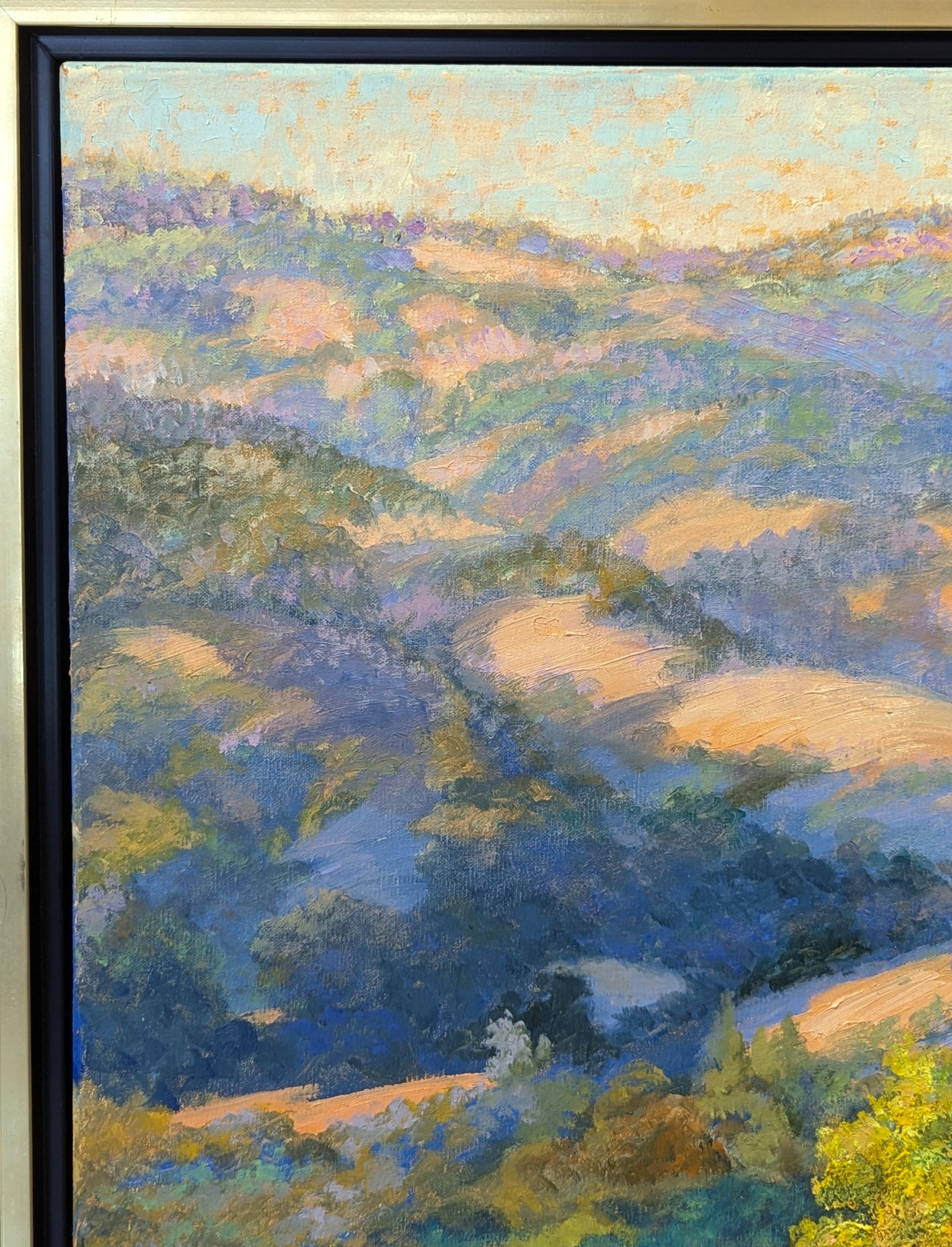 Soft blue and green naturalistic landscape painting by Houston based artist Nancy Paris Pruden. The work features a serene scene of the rolling hills and trees of Sonoma. Signed in the front lower left corner. Currently hung in a gold floating