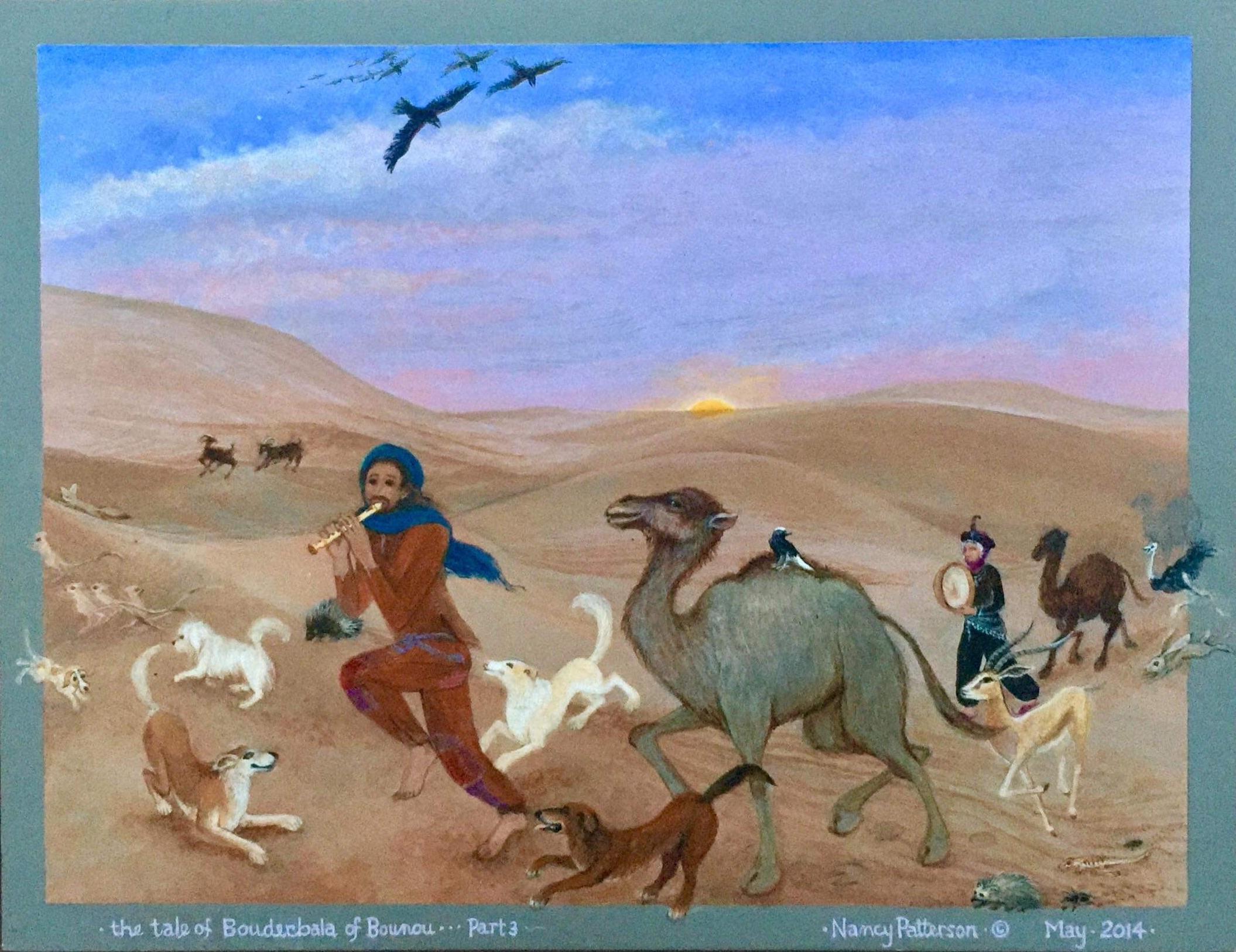 Peinture d'art populaire africain, danse, musique, animal, marocain, désert Gnawa, chien, camel - Painting de Nancy Patterson