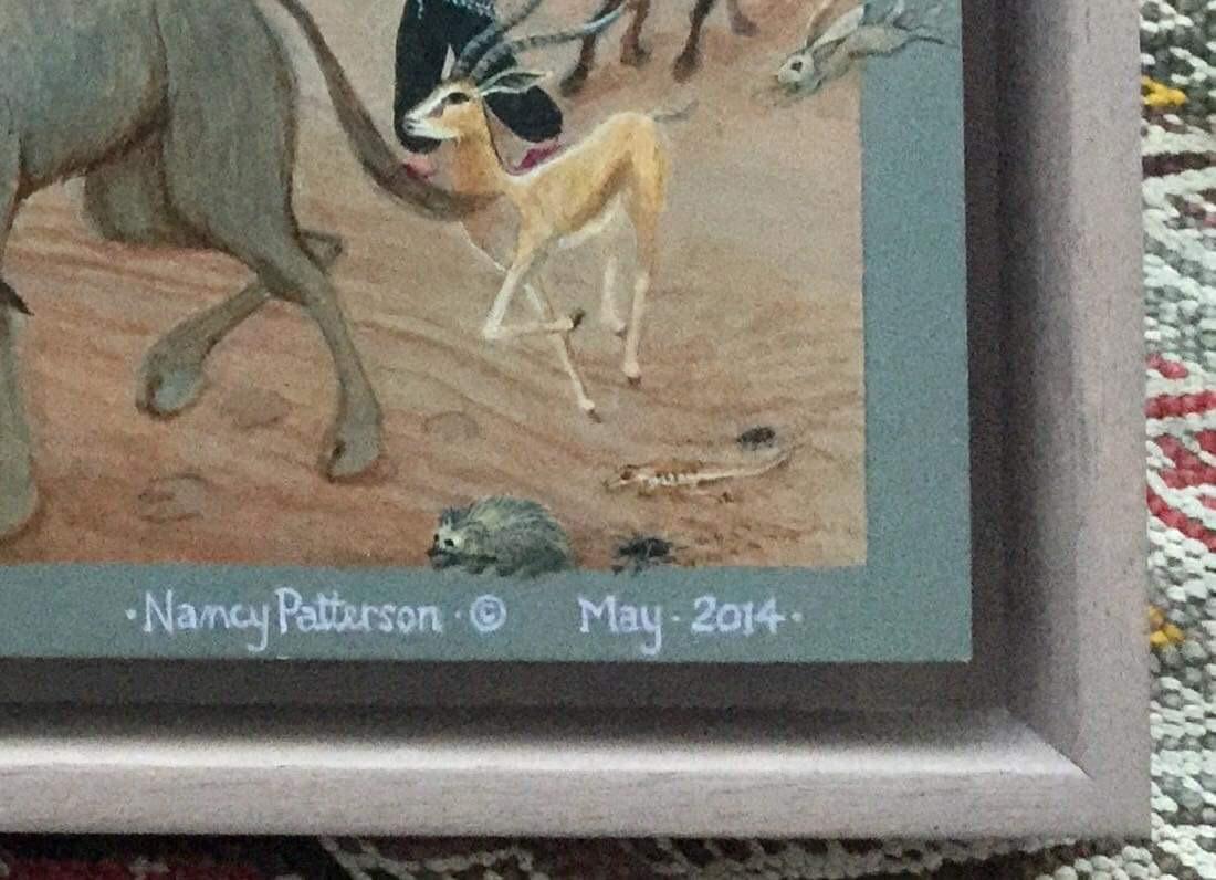 Peinture d'art populaire africain, danse, musique, animal, marocain, désert Gnawa, chien, camel - Artisanat Painting par Nancy Patterson