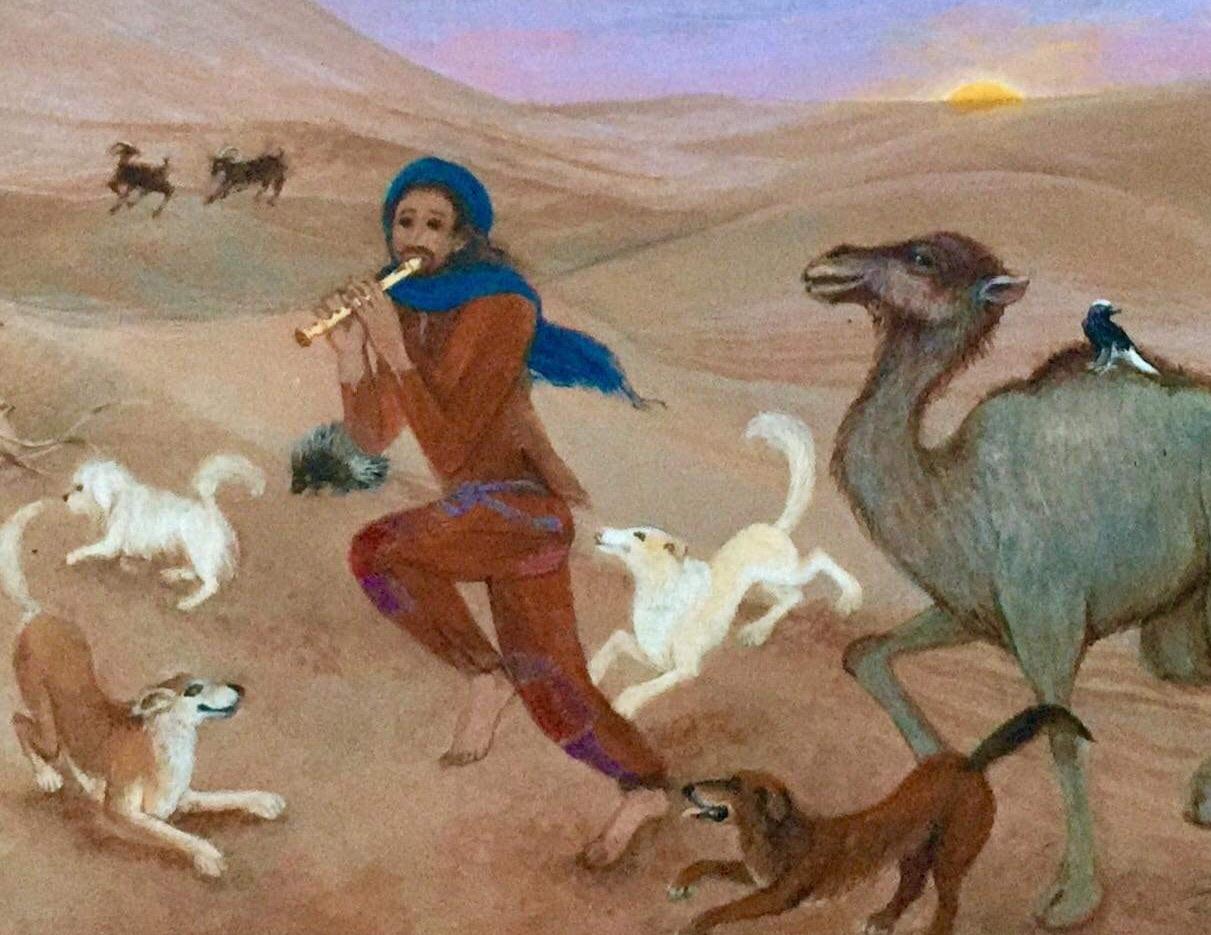 Peinture d'art populaire africain, danse, musique, animal, marocain, désert Gnawa, chien, camel - Gris Landscape Painting par Nancy Patterson