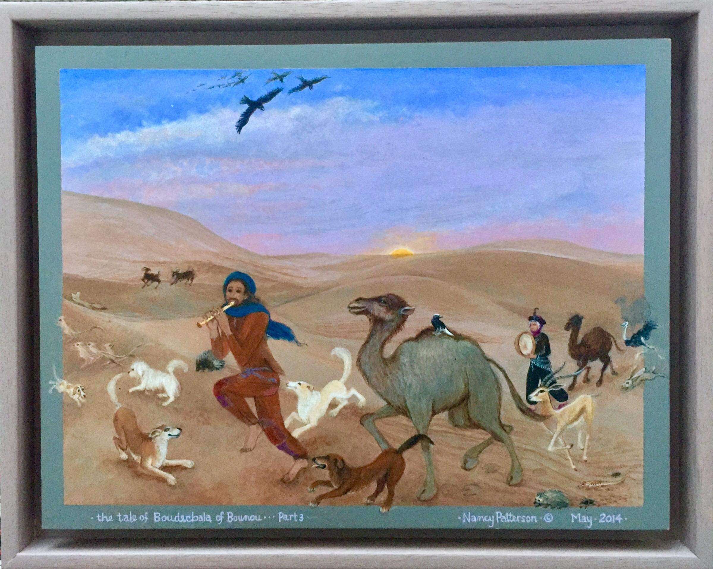 Landscape Painting Nancy Patterson - Peinture d'art populaire africain, danse, musique, animal, marocain, désert Gnawa, chien, camel