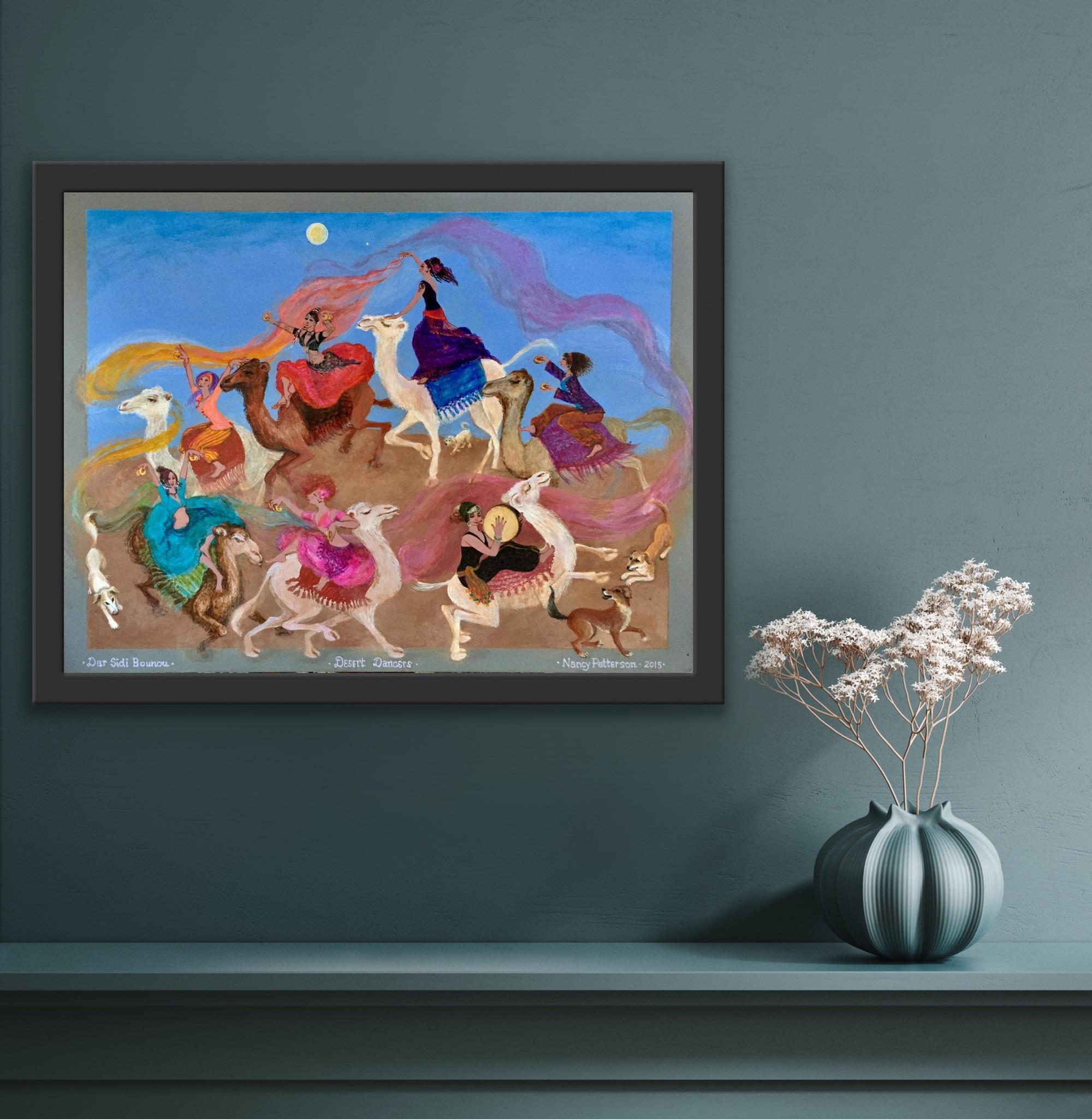 Folk Art Painting, British Canadian artist, Morocco Desert, Dancers, dogs camels 6