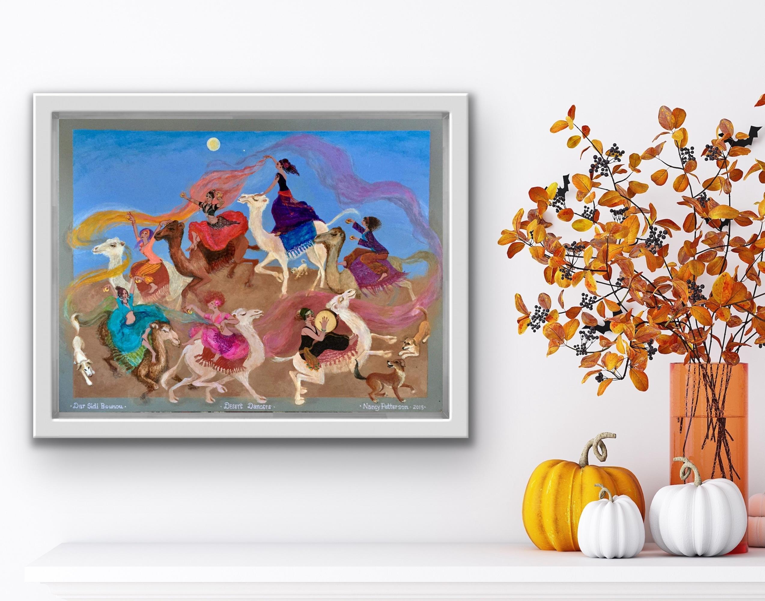 Folk Art Painting, British Canadian artist, Morocco Desert, Dancers, dogs camels 9