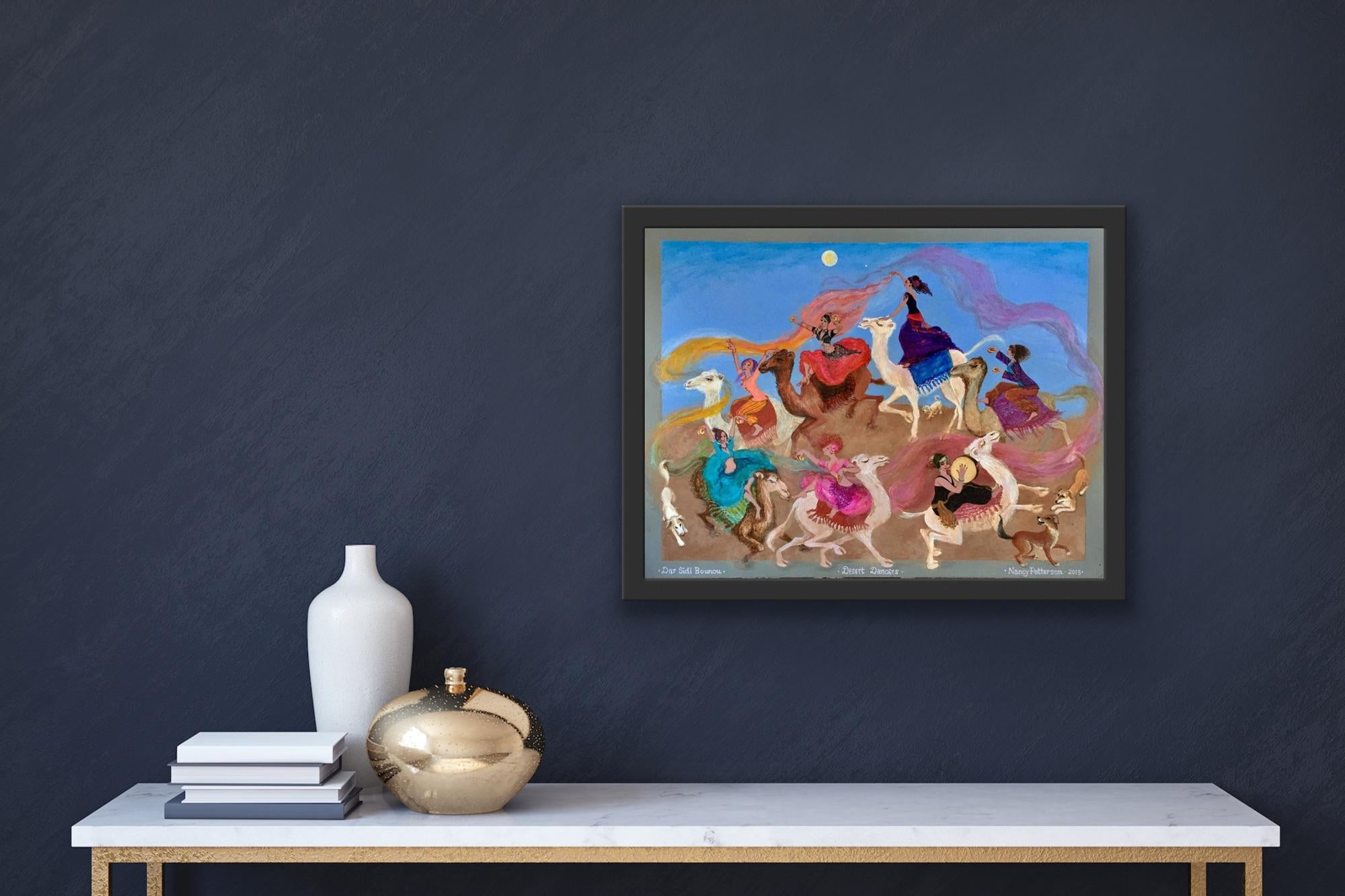 Folk Art Painting, British Canadian artist, Morocco Desert, Dancers, dogs camels 1