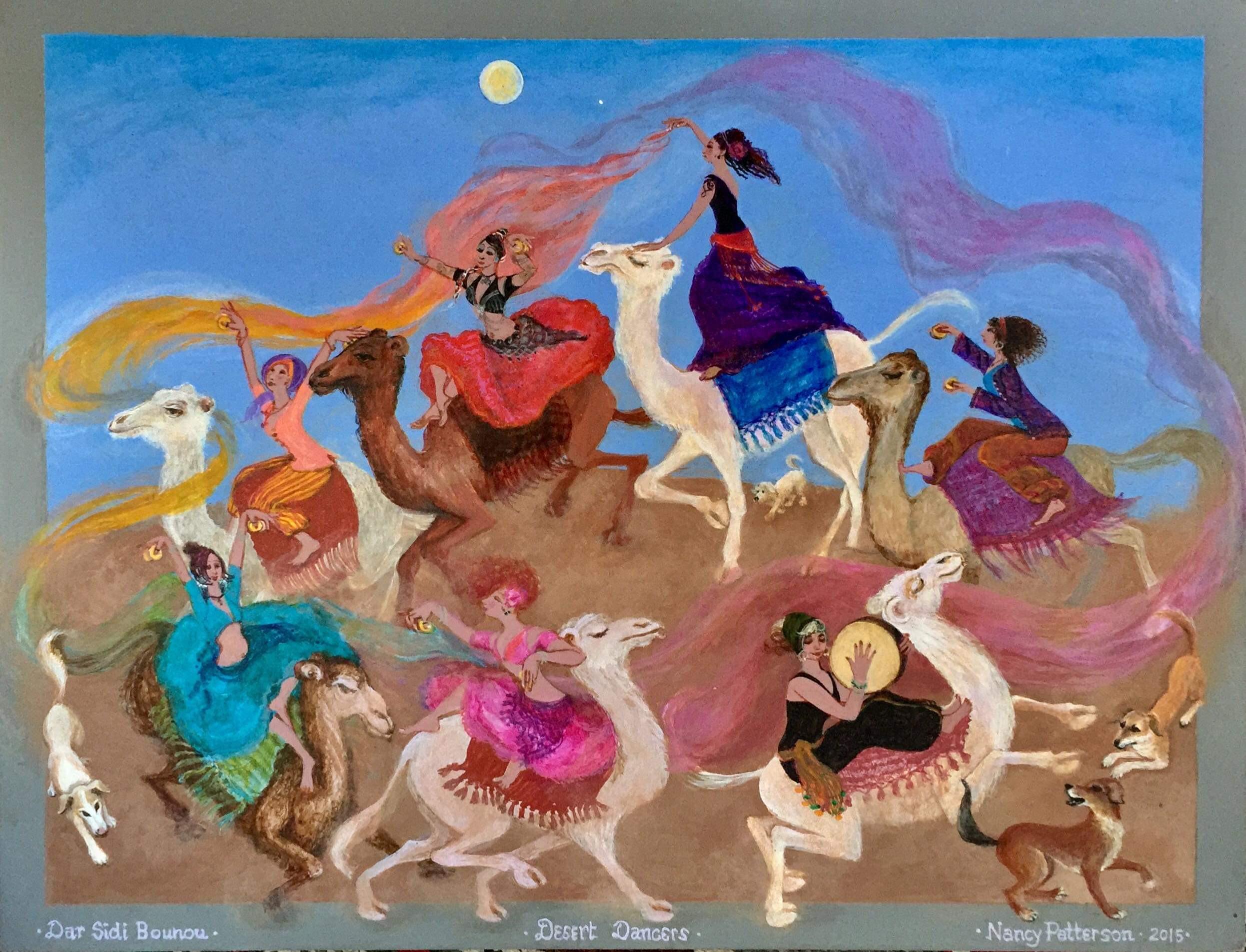 Nancy Patterson Landscape Painting - Folk Art Painting, British Canadian artist, Morocco Desert, Dancers, dogs camels