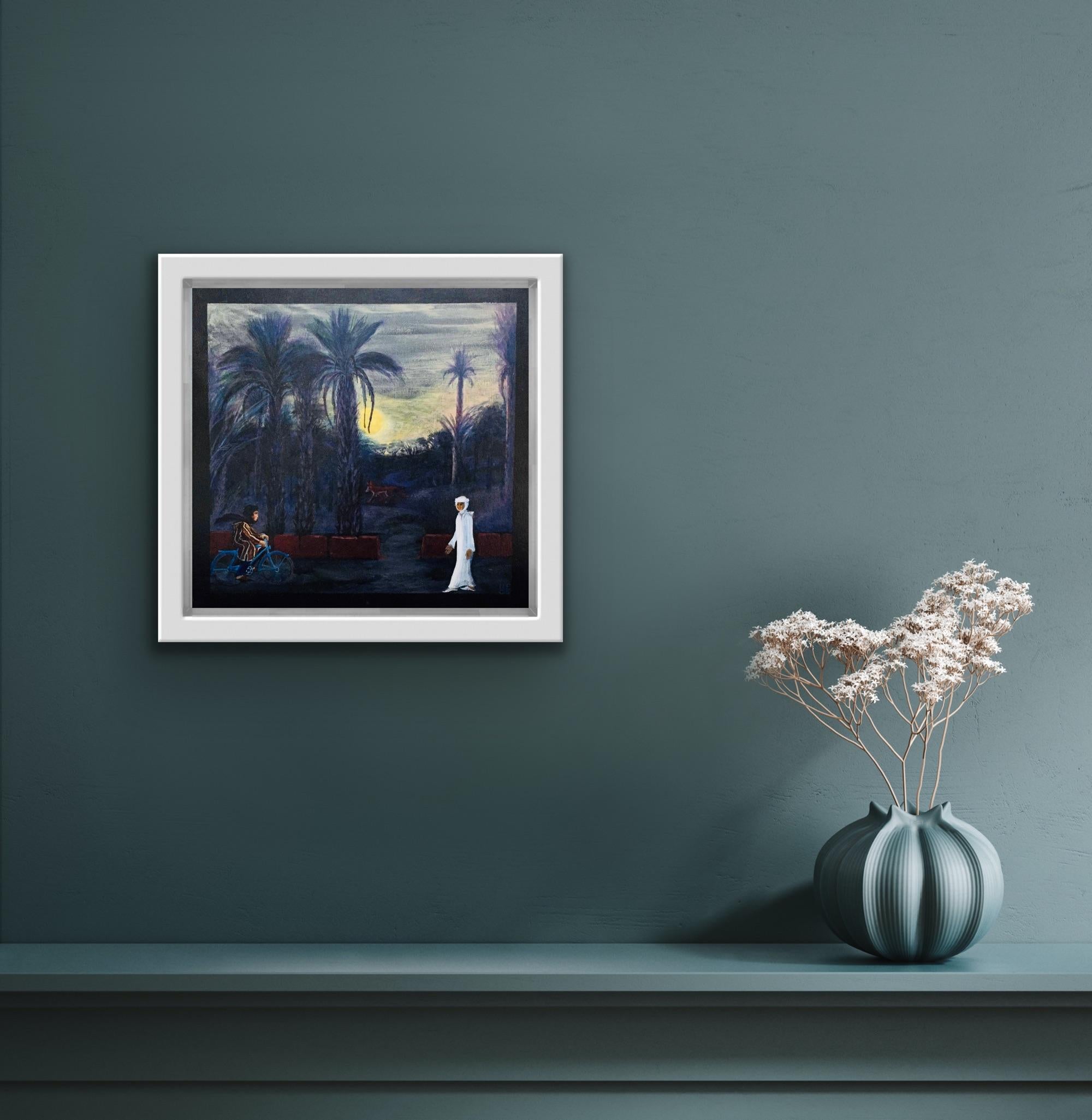 Pittura folkloristica, Artista canadese donna, Volpe del deserto del Marocco, Palme al chiaro di luna 3