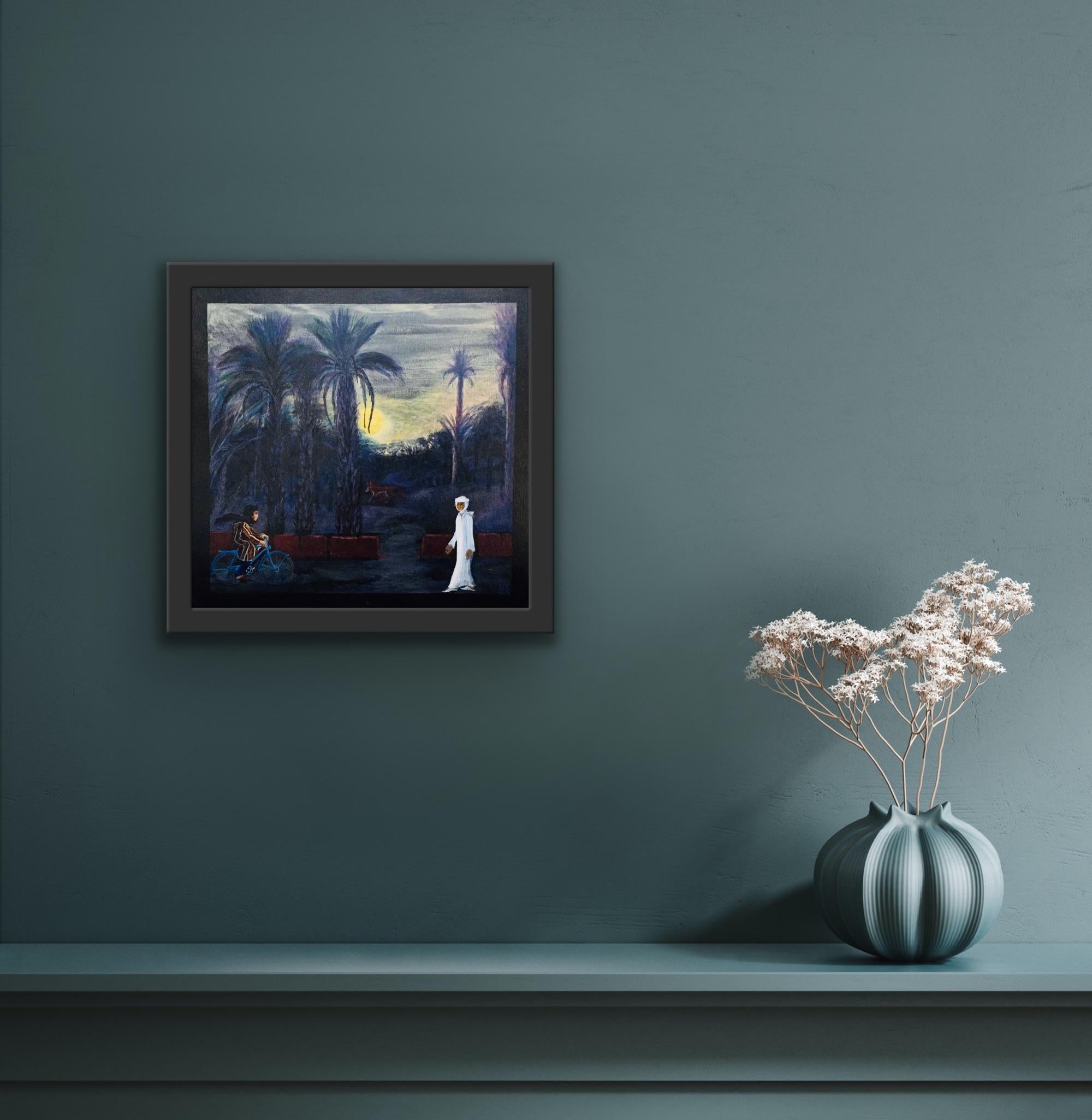 Pittura folkloristica, Artista canadese donna, Volpe del deserto del Marocco, Palme al chiaro di luna 4