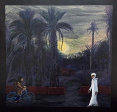 Folk Art Painting, British Canadian artist, Morocco Desert Fox, Moonlight  Palms
