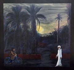 Used Folk Art Painting, Female Canadian artist, Morocco Desert Fox, Moonlight Palms