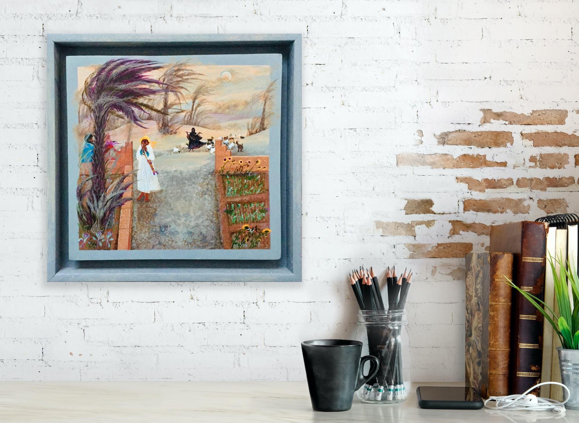 Peinture d'art populaire marocain, artiste féminine, palmiers, tournesols, chèvres au clair de lune  en vente 8
