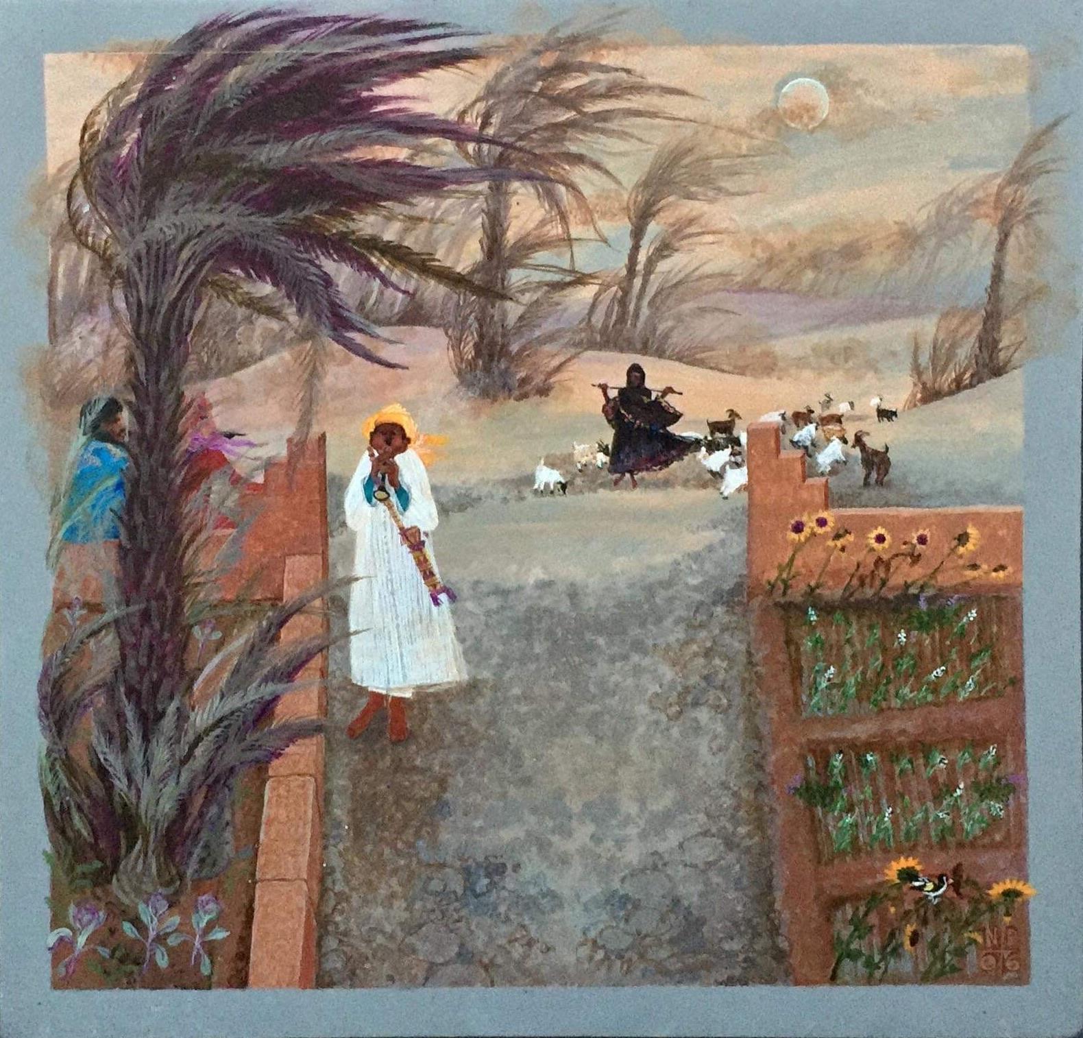 Peinture d'art populaire marocain, artiste féminine, palmiers, tournesols, chèvres au clair de lune  - Painting de Nancy Patterson