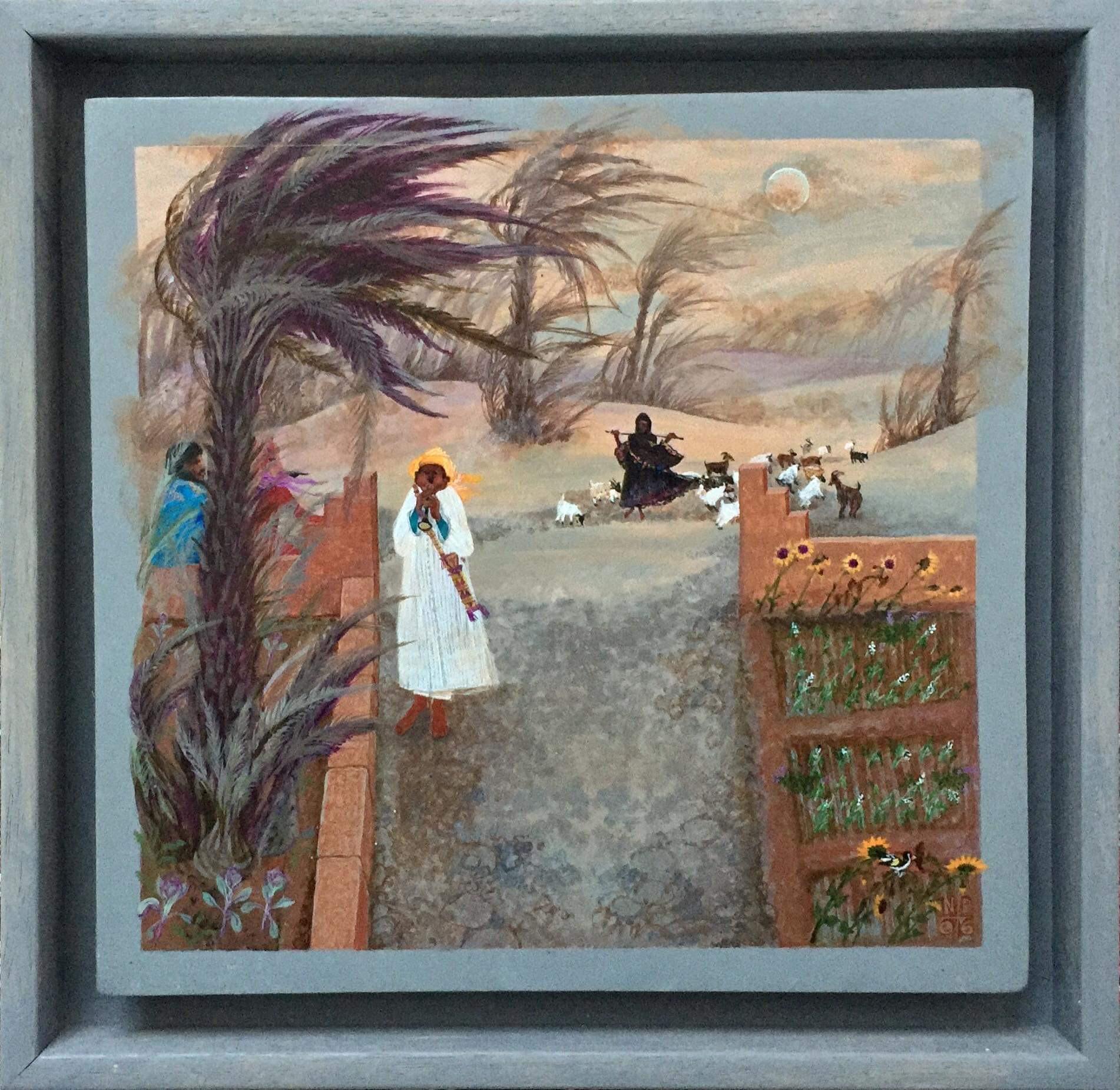 Peinture d'art populaire marocain, artiste féminine, palmiers, tournesols, chèvres au clair de lune 