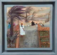 Folk Art Painting, British Canadian artist, Morocco Desert Palm Sunflowers Goats