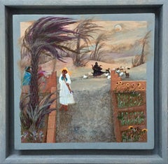 Peinture d'art populaire marocain, artiste féminine, palmiers, tournesols, chèvres au clair de lune