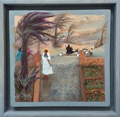 Vintage Folk Art Painting Female Artist Morocco Desert Palm Sunflowers Goats Moonlight 