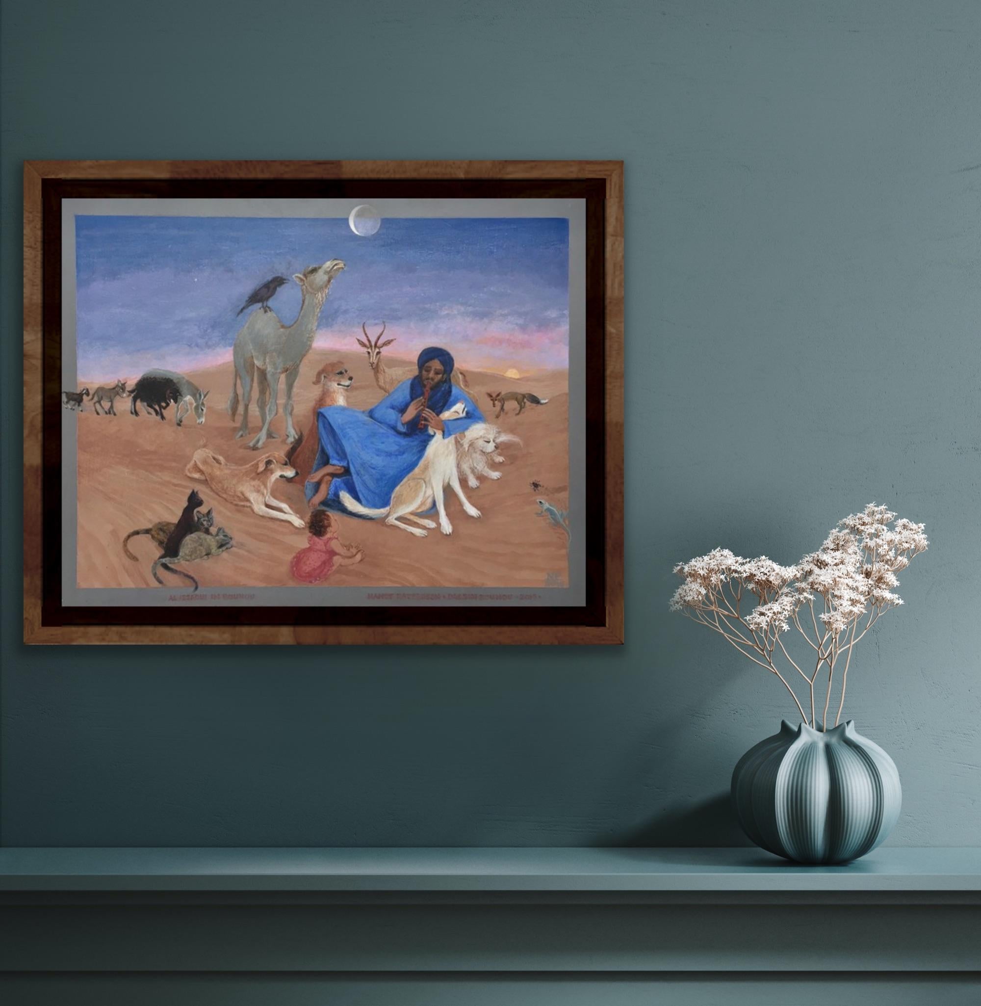 Folk Art Painting, Female Canadian artist, Morocco Desert Blue Dogs Cats Moon For Sale 4