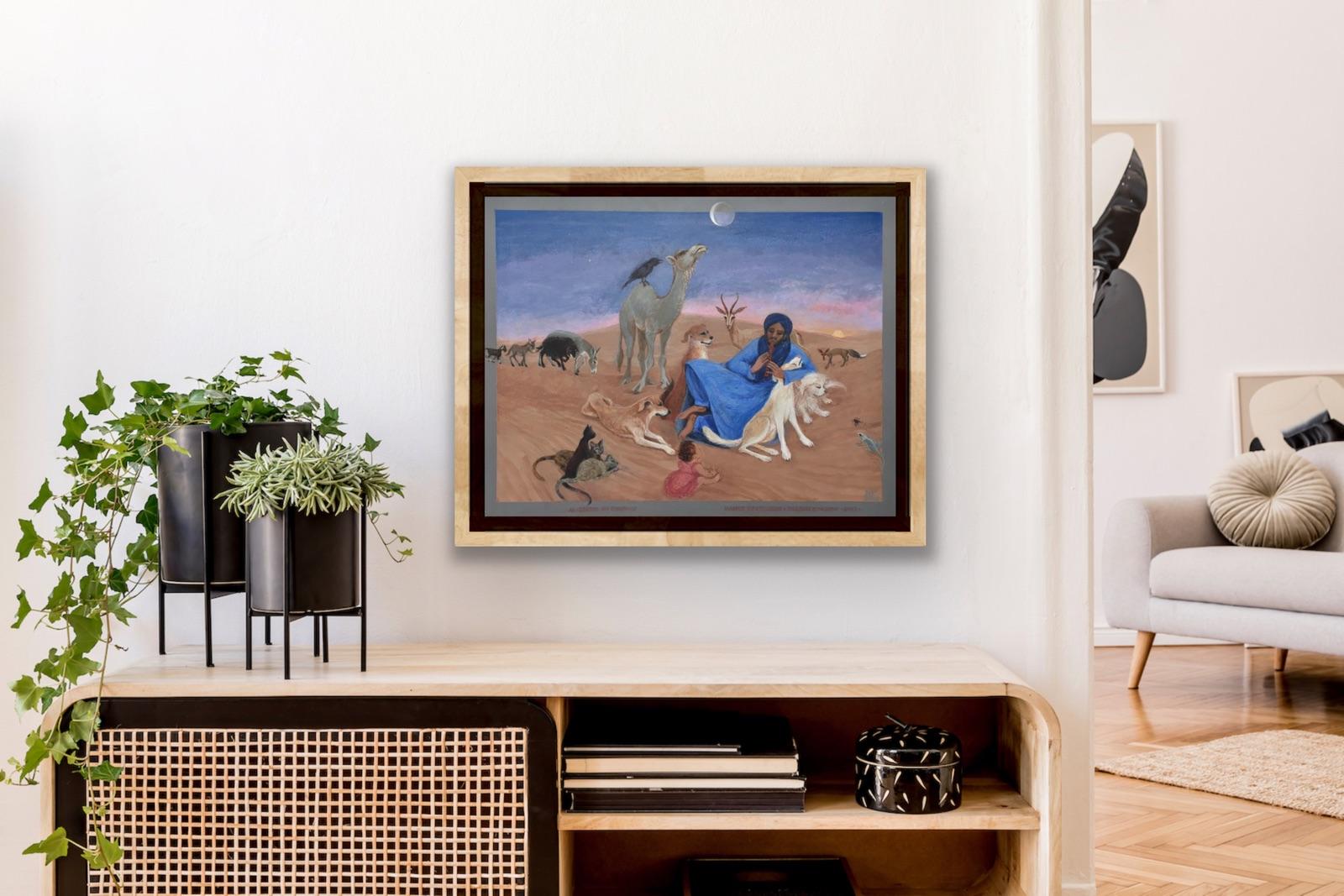 Folk Art Painting, Female Canadian artist, Morocco Desert Blue Dogs Cats Moon For Sale 9