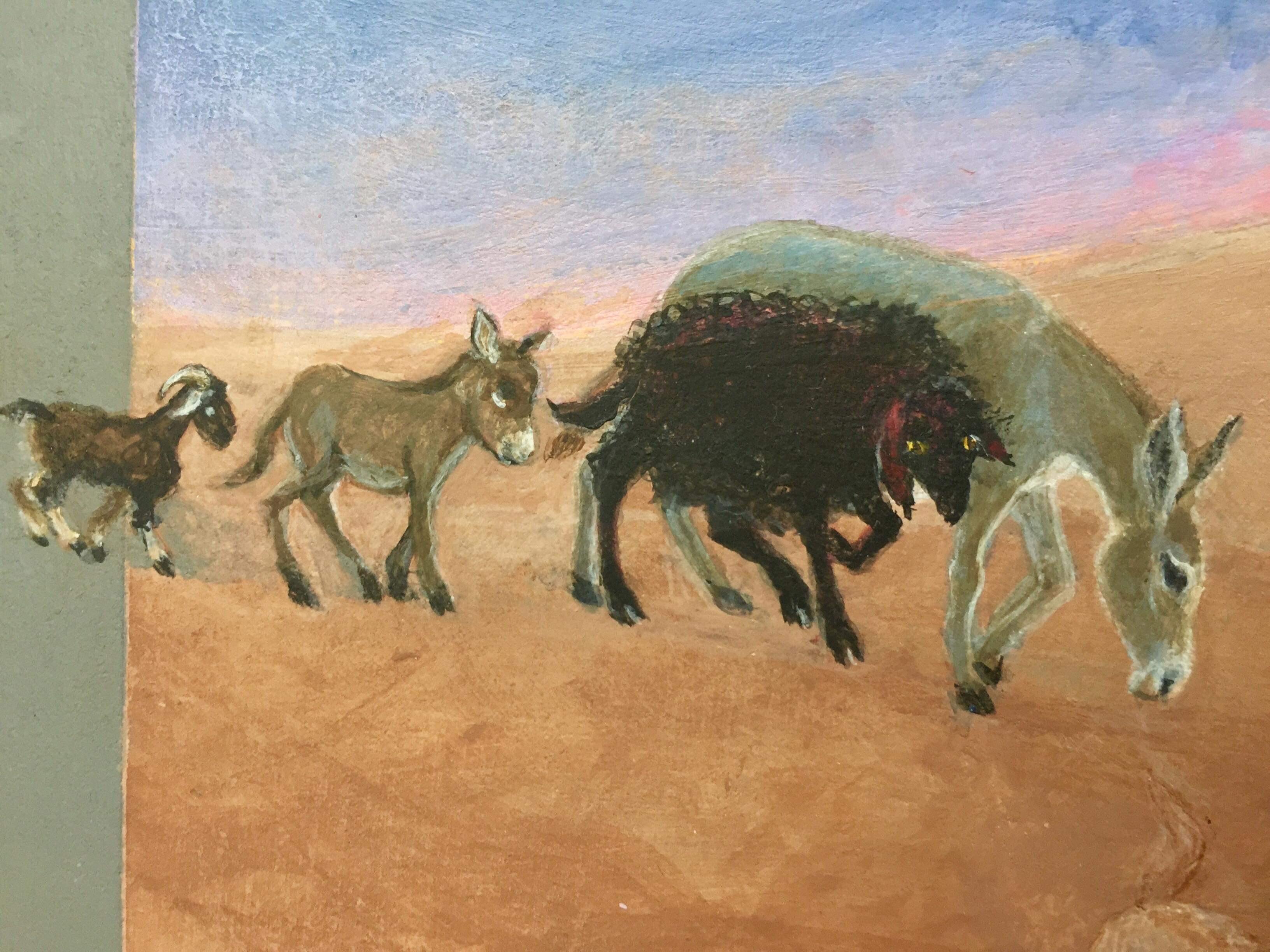 Folk Art Malerei, Kanadische Künstlerin, Marokko Wüste Blaue Hunde Katzen Mond – Painting von Nancy Patterson