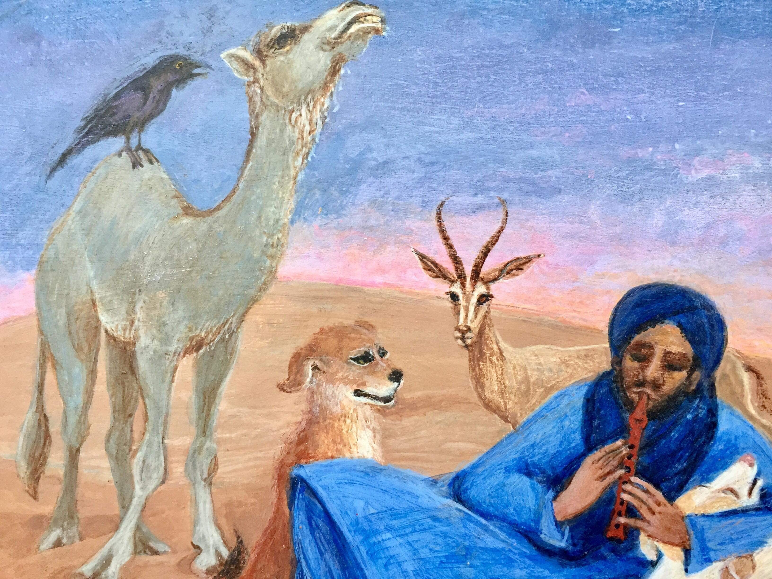Peinture d'art populaire canadienne, artiste féminine, artiste du Maroc, chiens, chats et lune - Gris Figurative Painting par Nancy Patterson