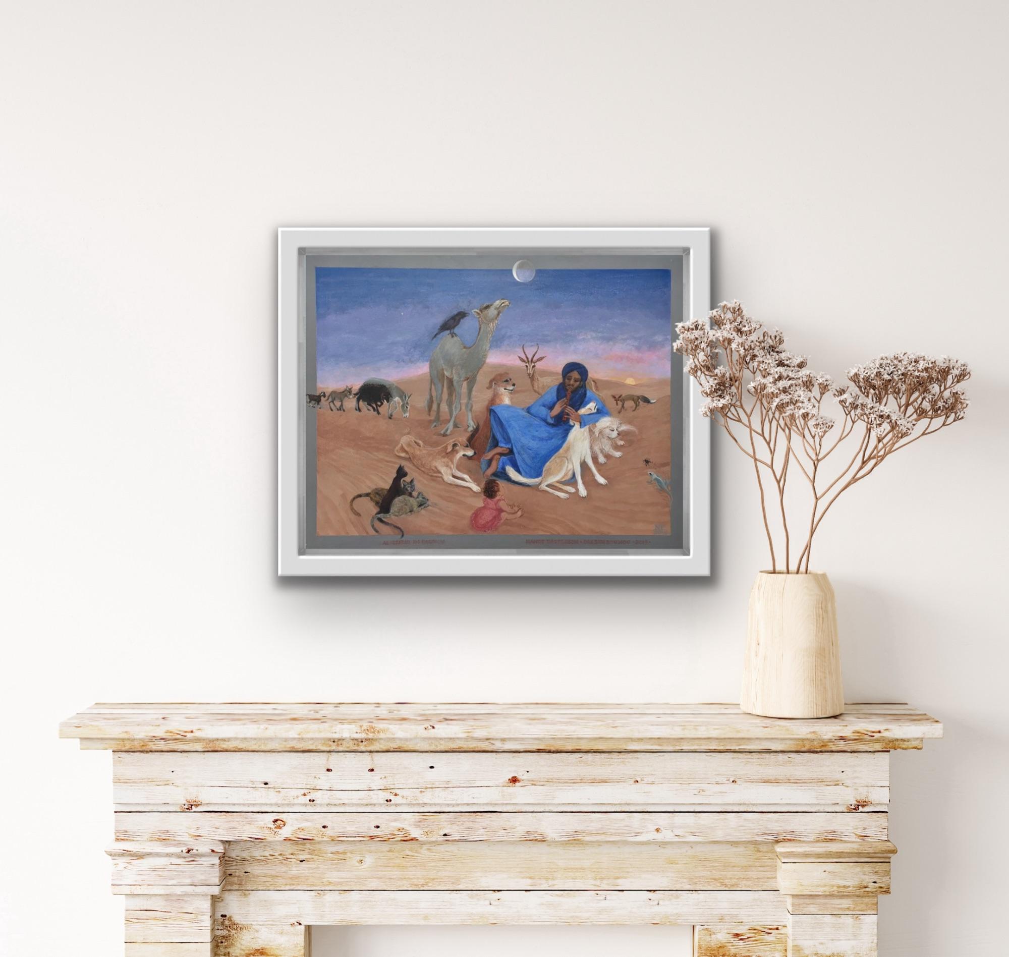 Pittura folkloristica, Artista canadese, Marocco Deserto Cani Blu Gatti Luna - Painting Arte popolare di Nancy Patterson