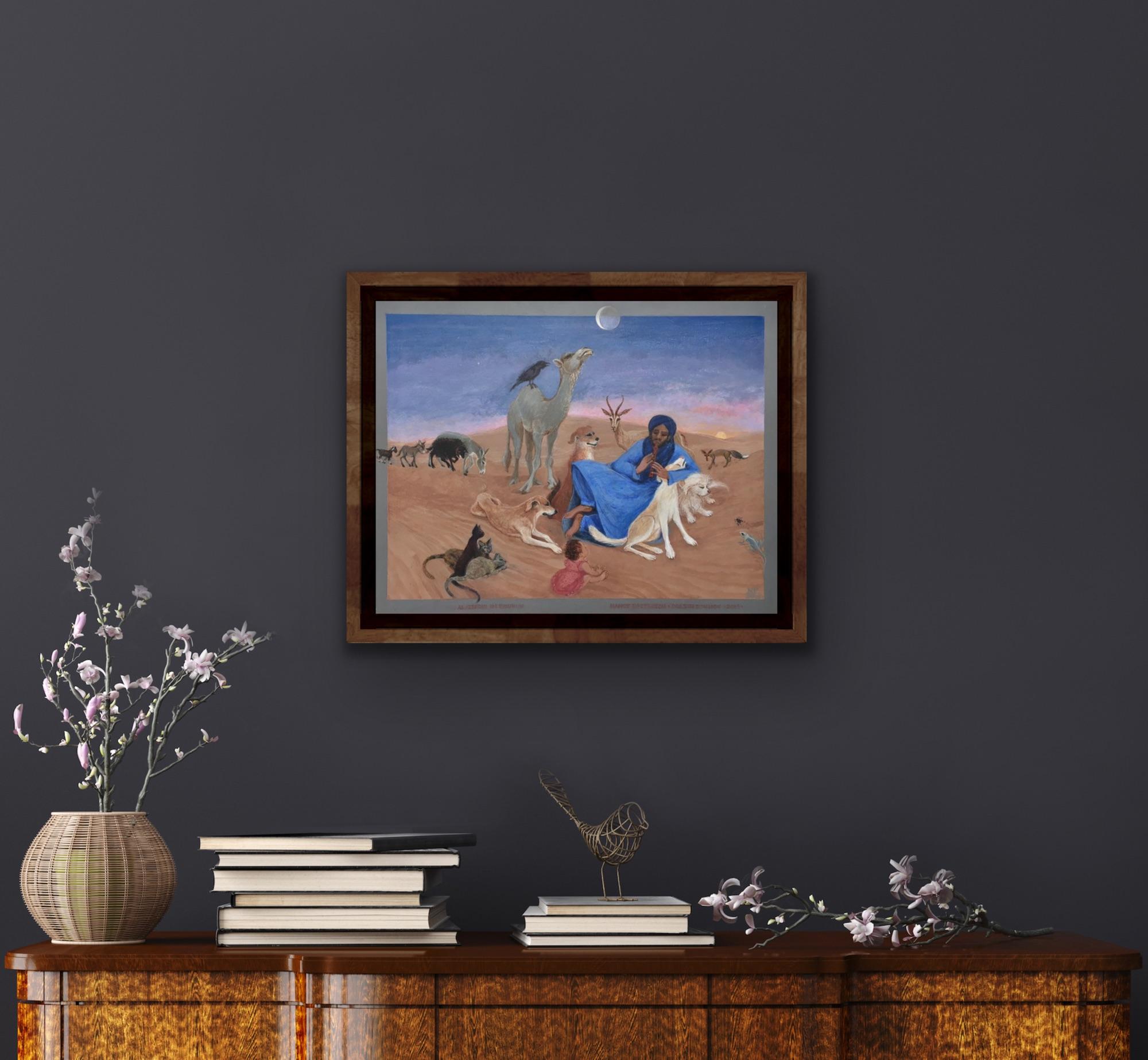 Folk Art Painting, Female Canadian artist, Morocco Desert Blue Dogs Cats Moon For Sale 1