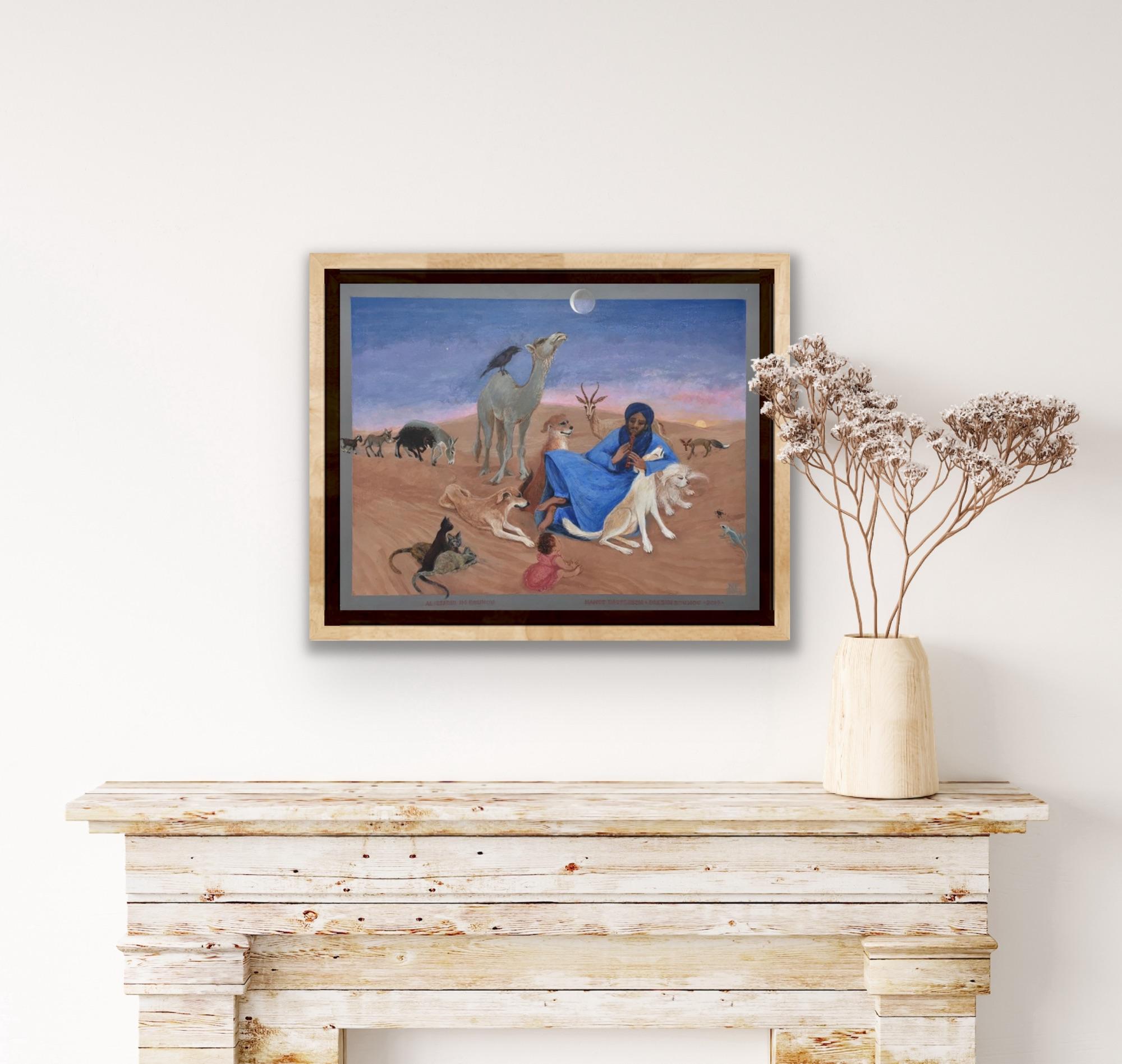 Folk Art Painting, Female Canadian artist, Morocco Desert Blue Dogs Cats Moon For Sale 2