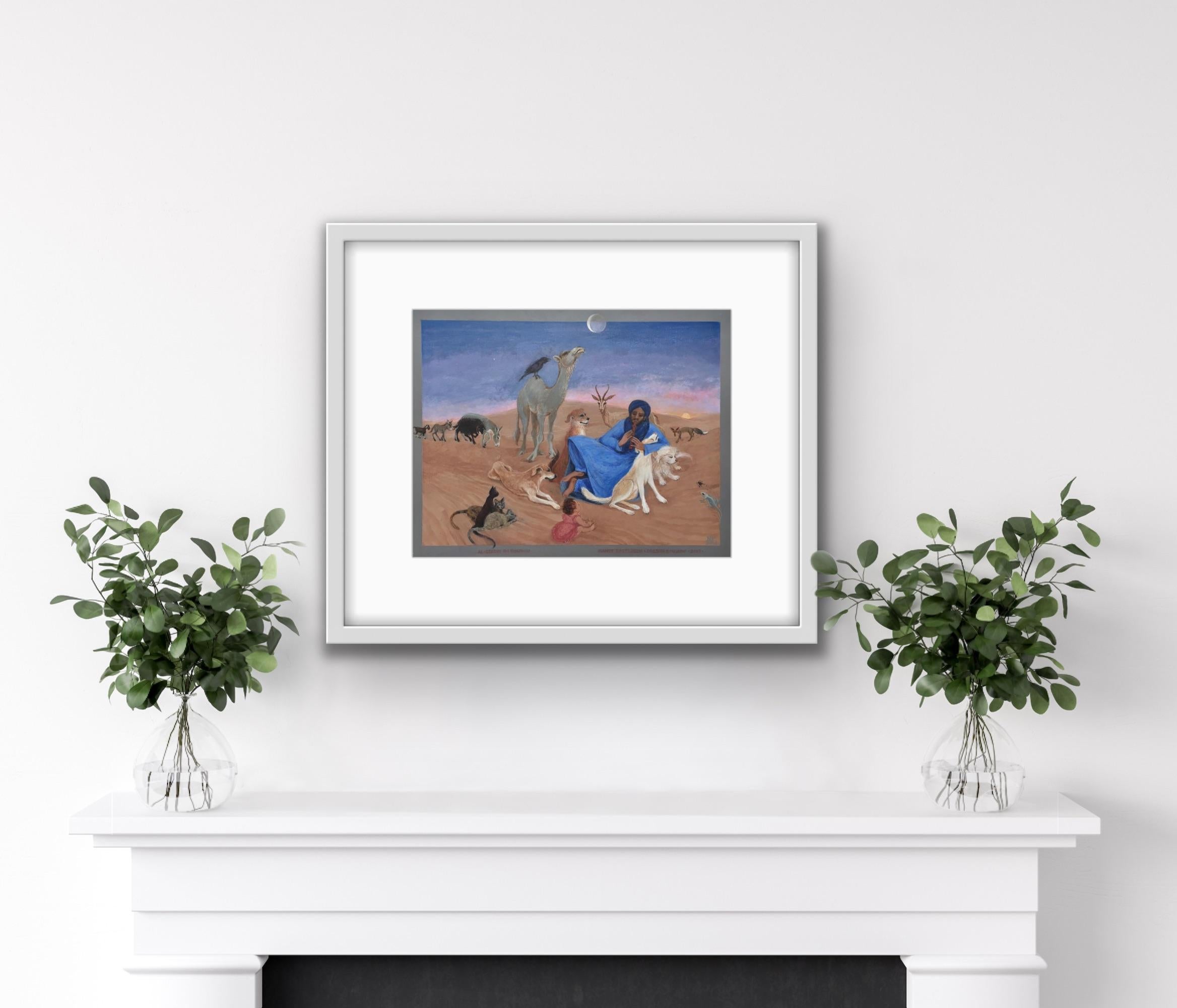 Folk Art Painting, Female Canadian artist, Morocco Desert Blue Dogs Cats Moon For Sale 3