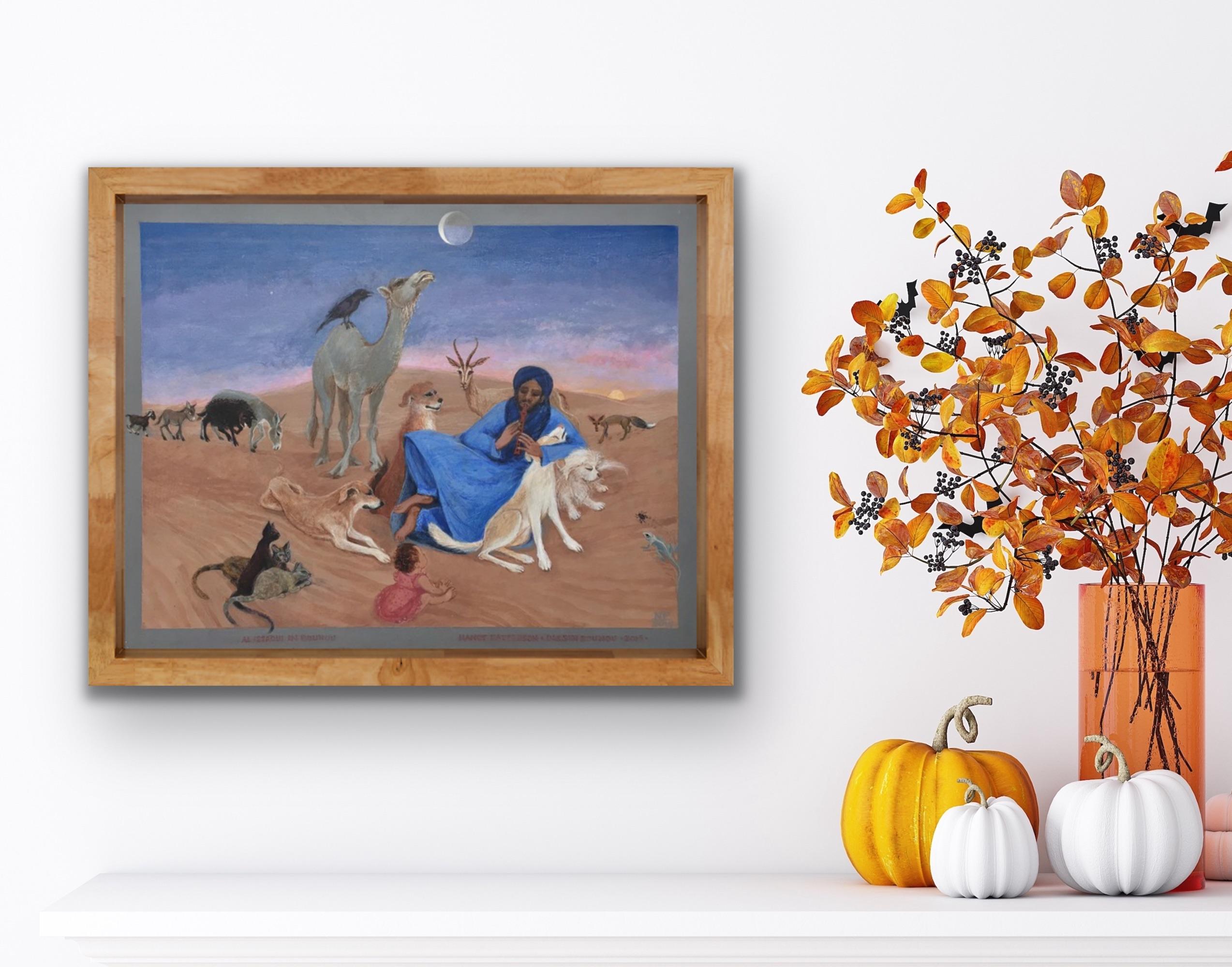 Folk Art Malerei, Kanadische Künstlerin, Marokko Wüste Blaue Hunde Katzen Mond (Volkskunst), Painting, von Nancy Patterson