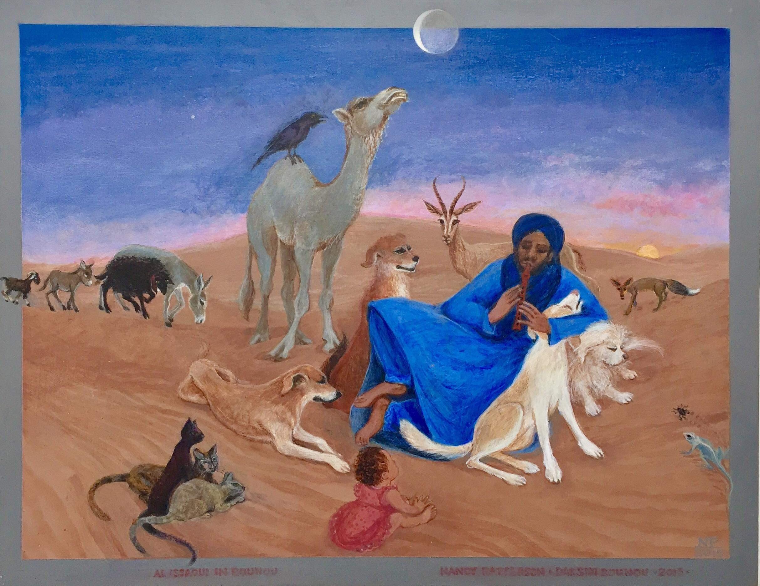 Nancy Patterson Figurative Painting - Folk Art Painting, Female Canadian artist, Morocco Desert Blue Dogs Cats Moon