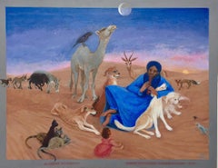 Folk Art Painting, Female Canadian artist, Morocco Desert Blue Dogs Cats Moon
