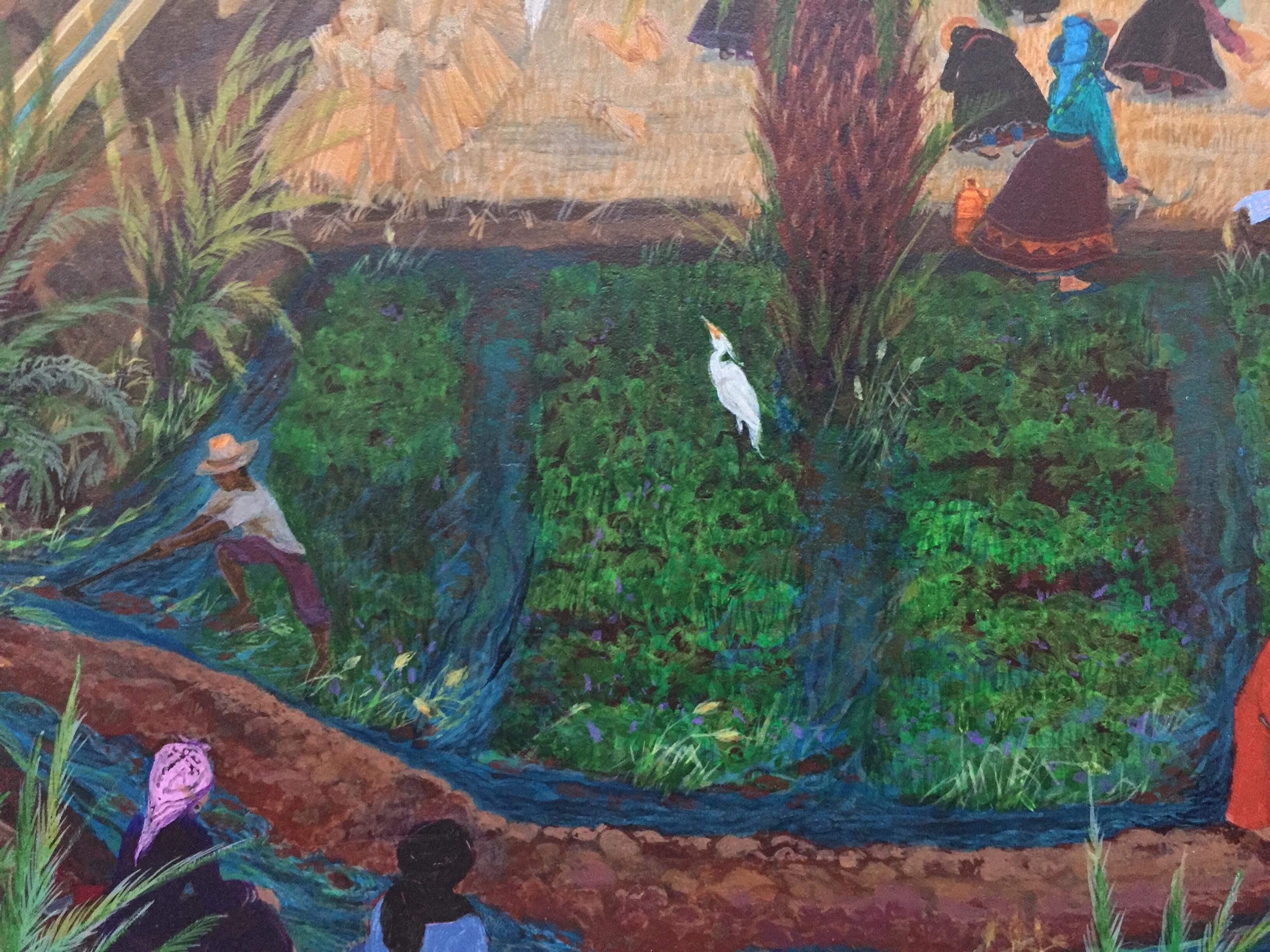 Peinture d'art populaire britannique, artiste canadien du Maroc Kasbah Fields Water Egrets - Painting de Nancy Patterson