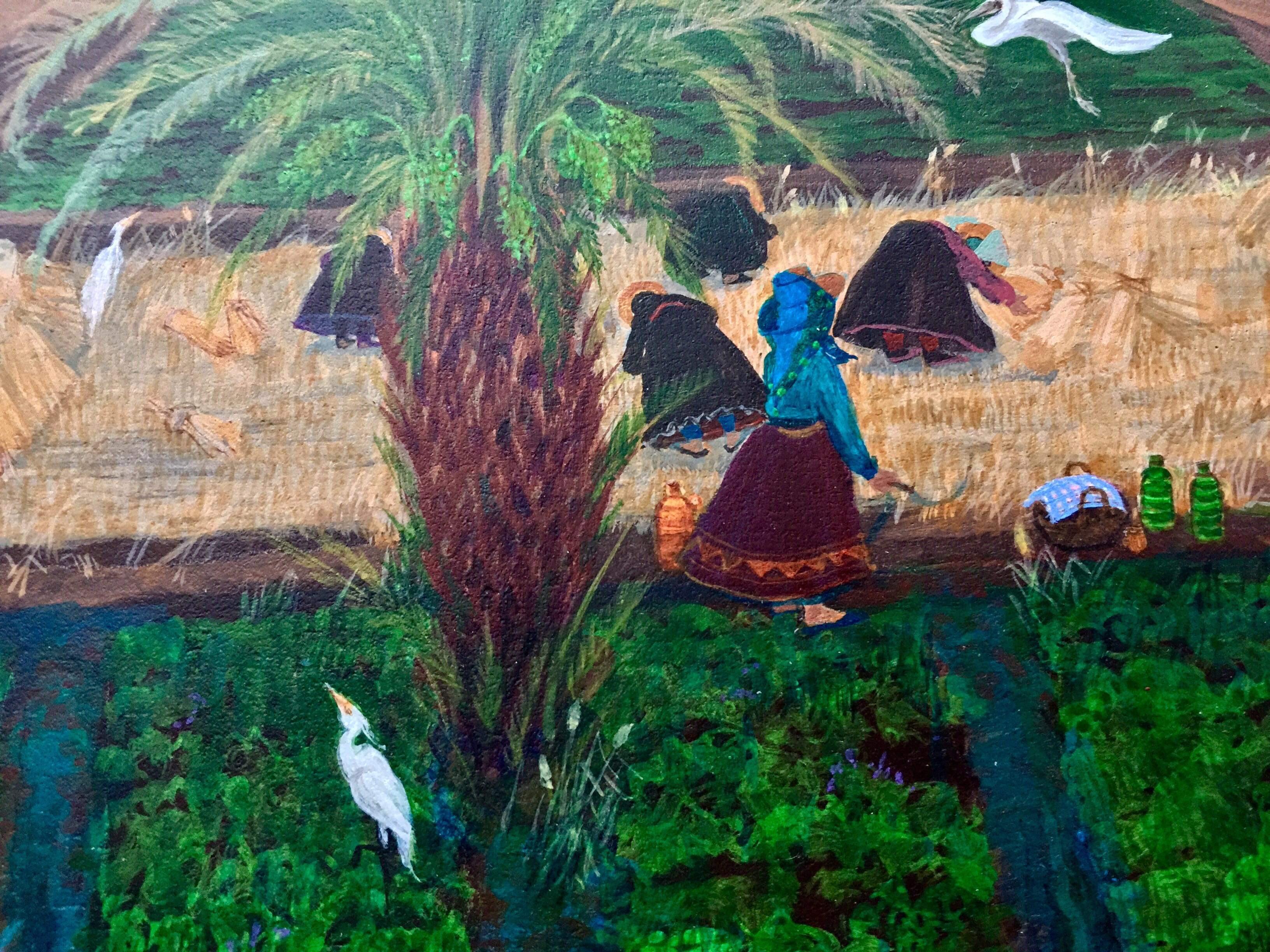 Peinture d'art populaire britannique, artiste canadien du Maroc Kasbah Fields Water Egrets - Artisanat Painting par Nancy Patterson