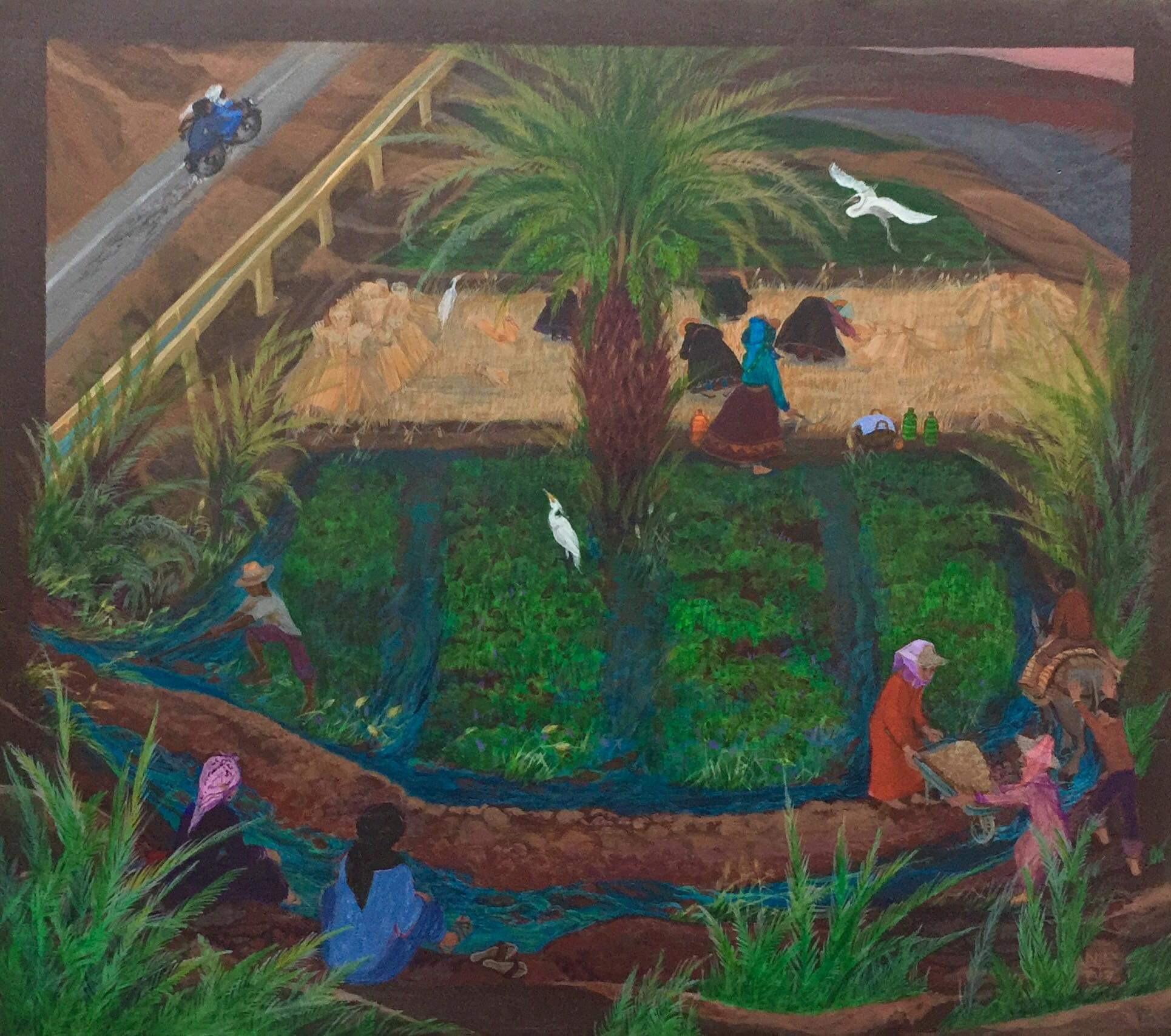 Peinture d'art populaire britannique, artiste canadien du Maroc Kasbah Fields Water Egrets - Marron Landscape Painting par Nancy Patterson