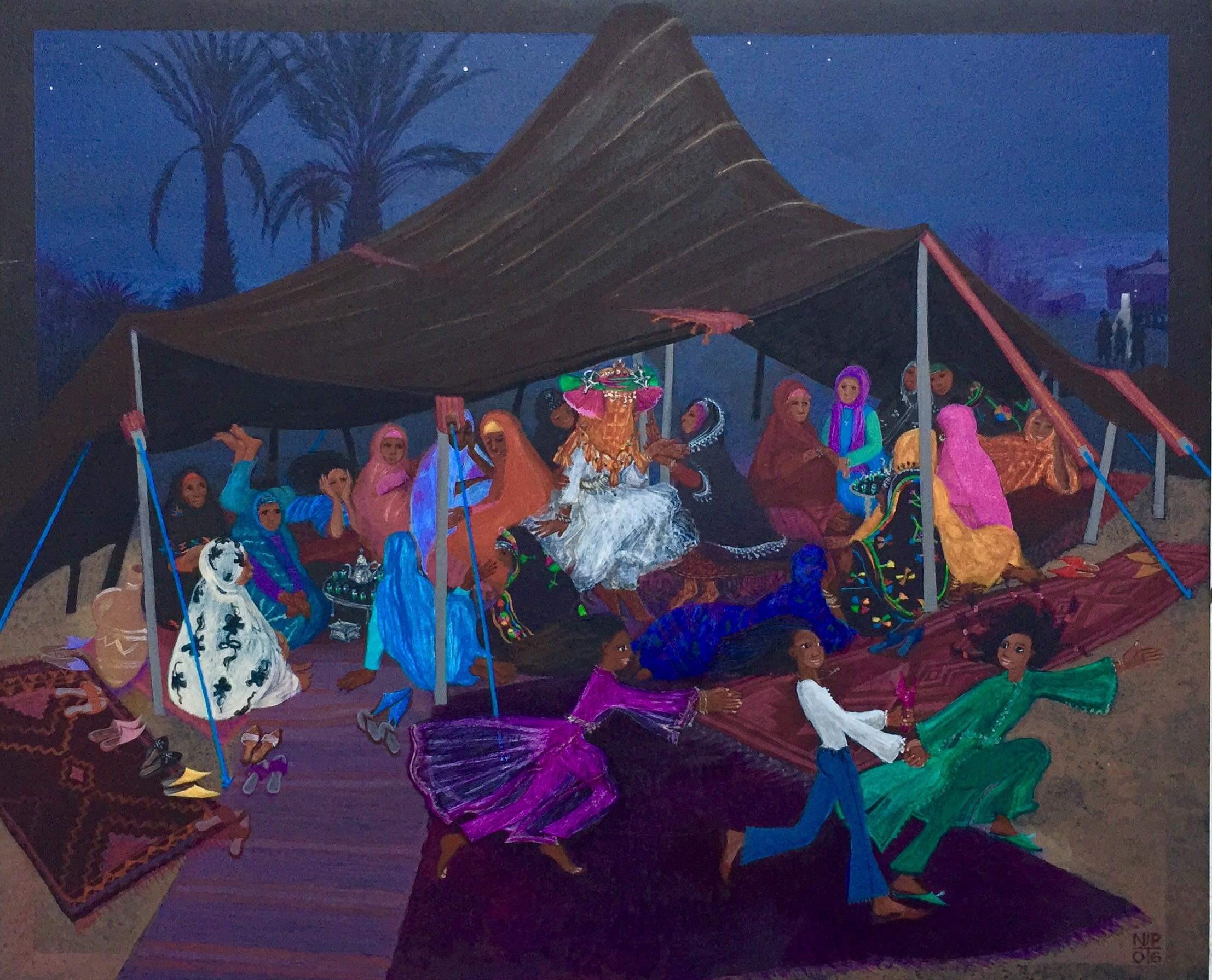 Nancy Patterson Figurative Painting - Folk Art Painting, Female artist, Wedding Banquet,  Morocco Marriage Blue colour