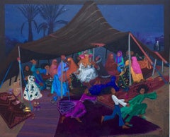 Folk Art Painting, Female artist, Wedding Banquet,  Morocco Marriage Blue colour