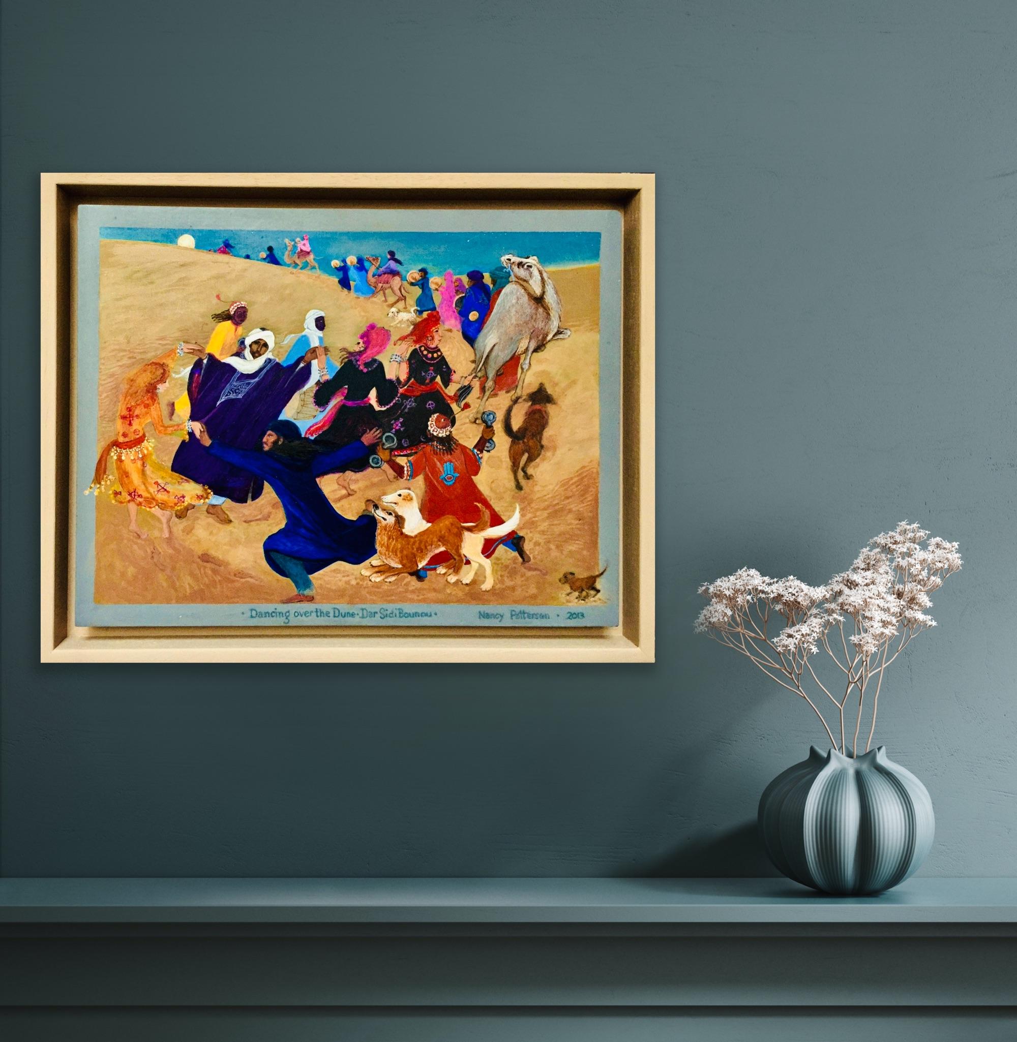 Peinture d'art populaire du Maroc, danse, chiens, camels, animaux, dunes, lune en vente 4