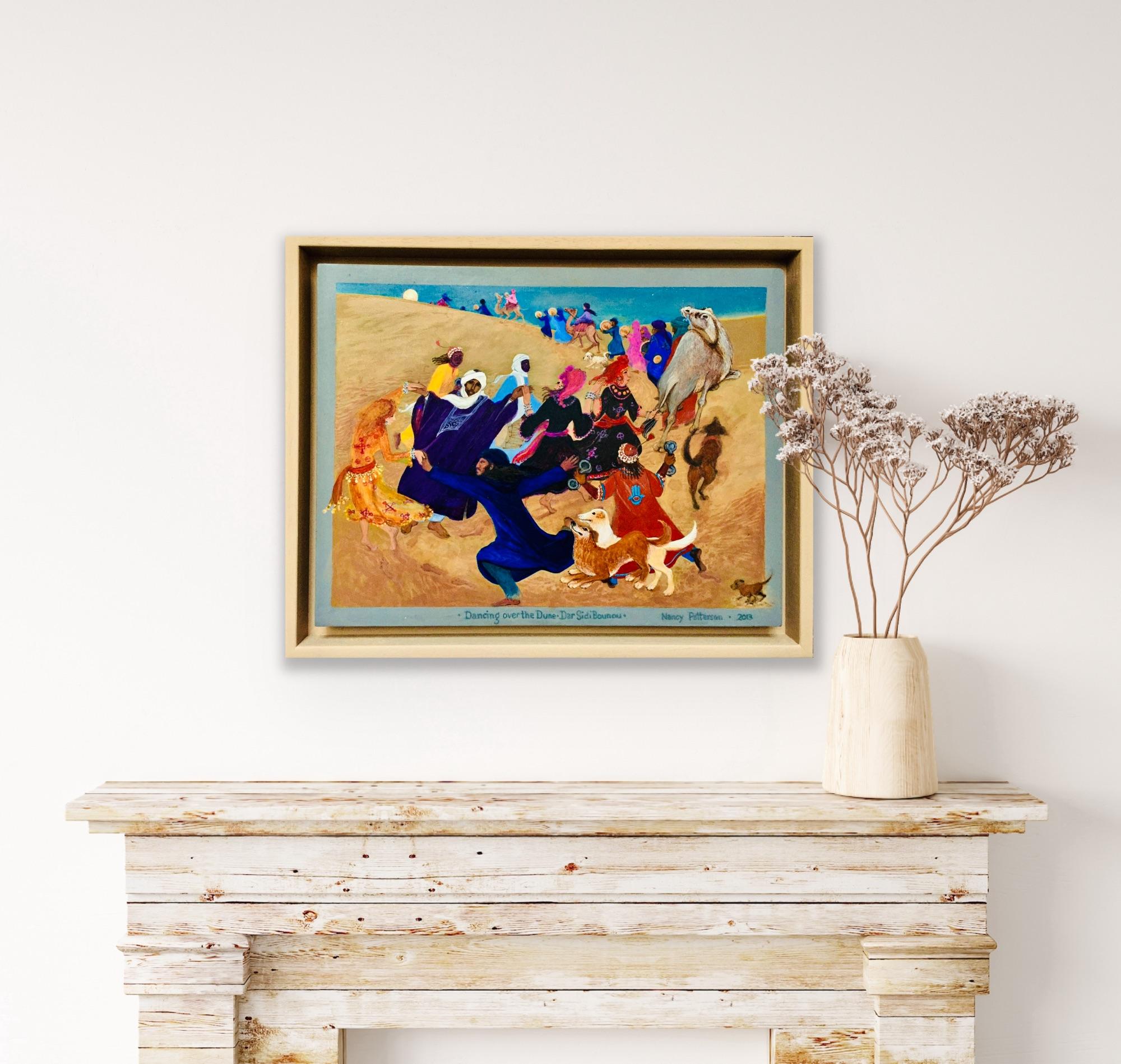 Peinture d'art populaire du Maroc, danse, chiens, camels, animaux, dunes, lune en vente 5