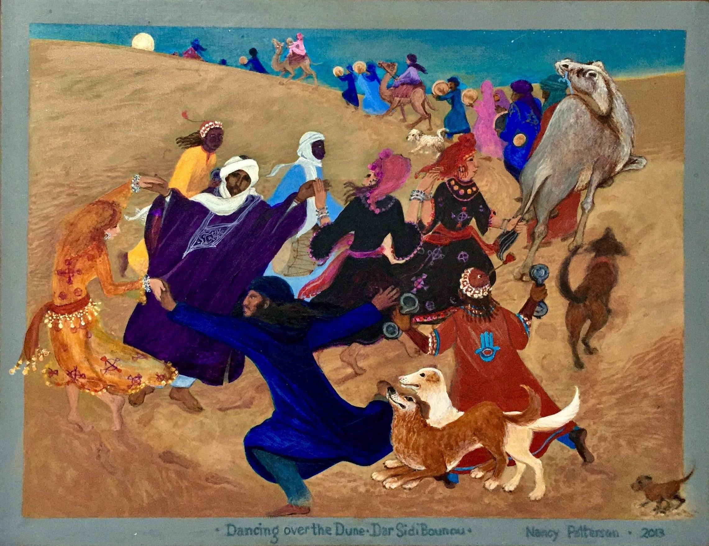 Folk Art Painting Africa Morocco Desert Dance Dogs Camels Animals Dunes Moon - Brown Landscape Painting by Nancy Patterson