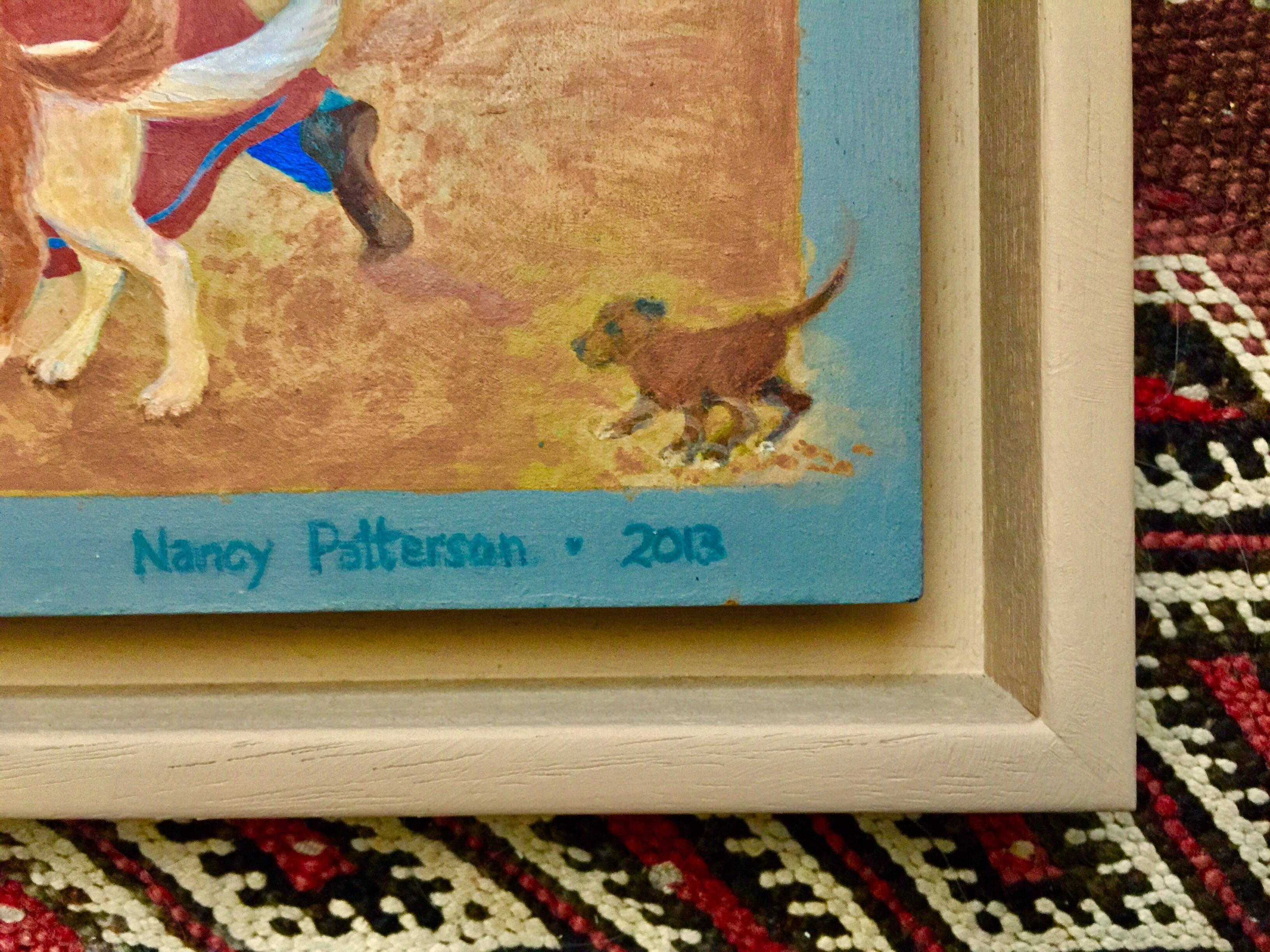 Peinture d'art populaire du Maroc, danse, chiens, camels, animaux, dunes, lune - Artisanat Painting par Nancy Patterson