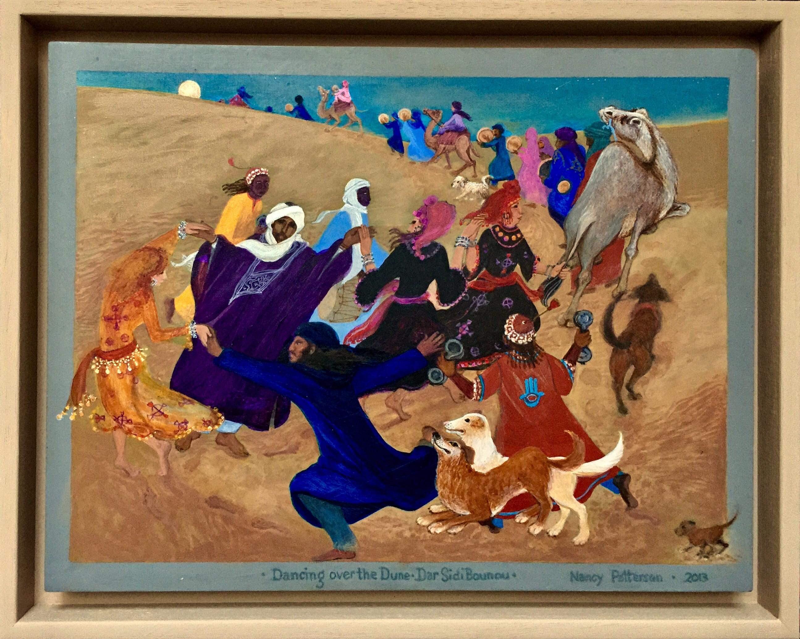 Peinture d'art populaire du Maroc, danse, chiens, camels, animaux, dunes, lune
