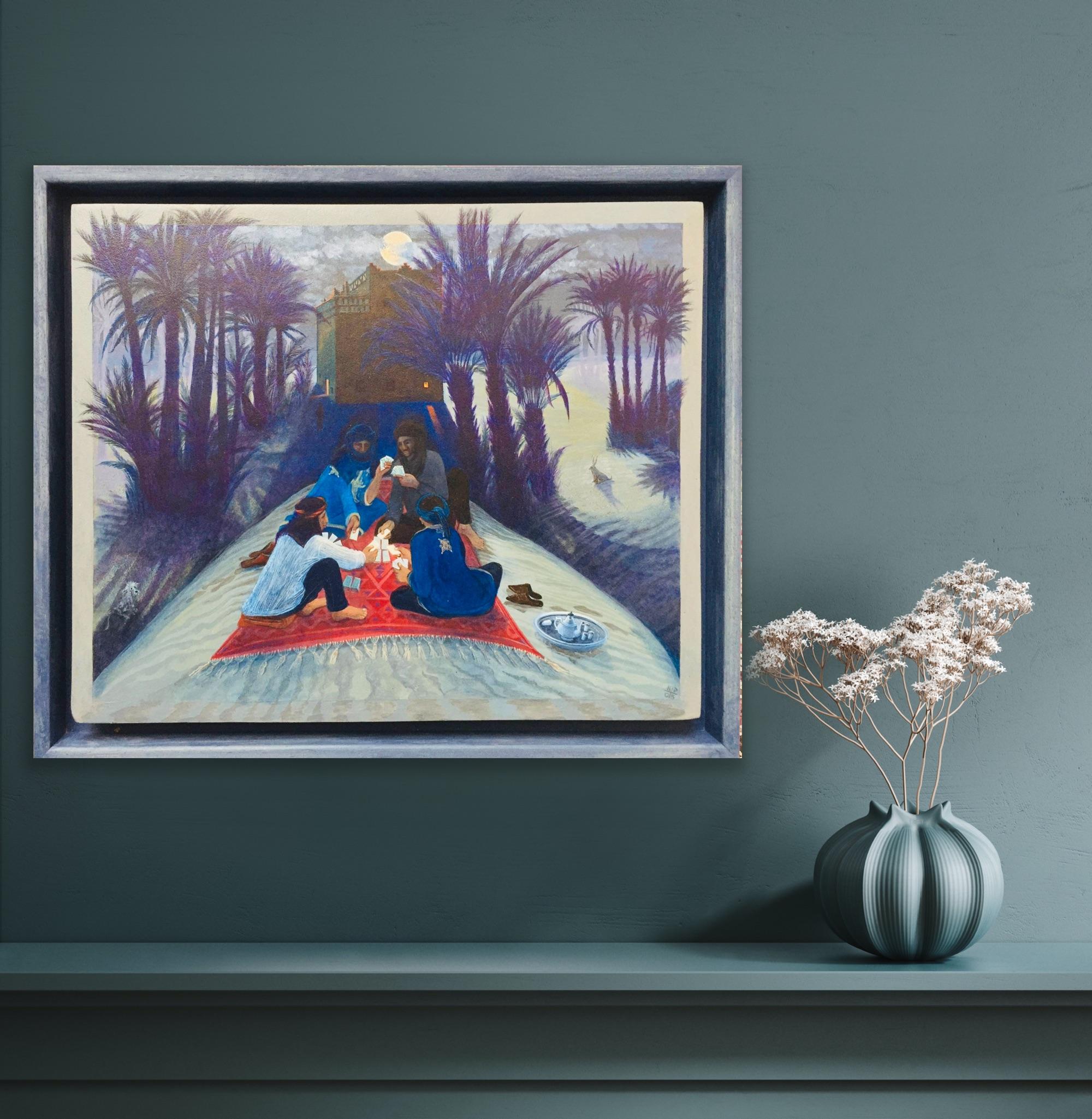 Peinture d'art populaire du Maroc, clair de lune, dunes du désert, palmiers sous la lune en vente 6