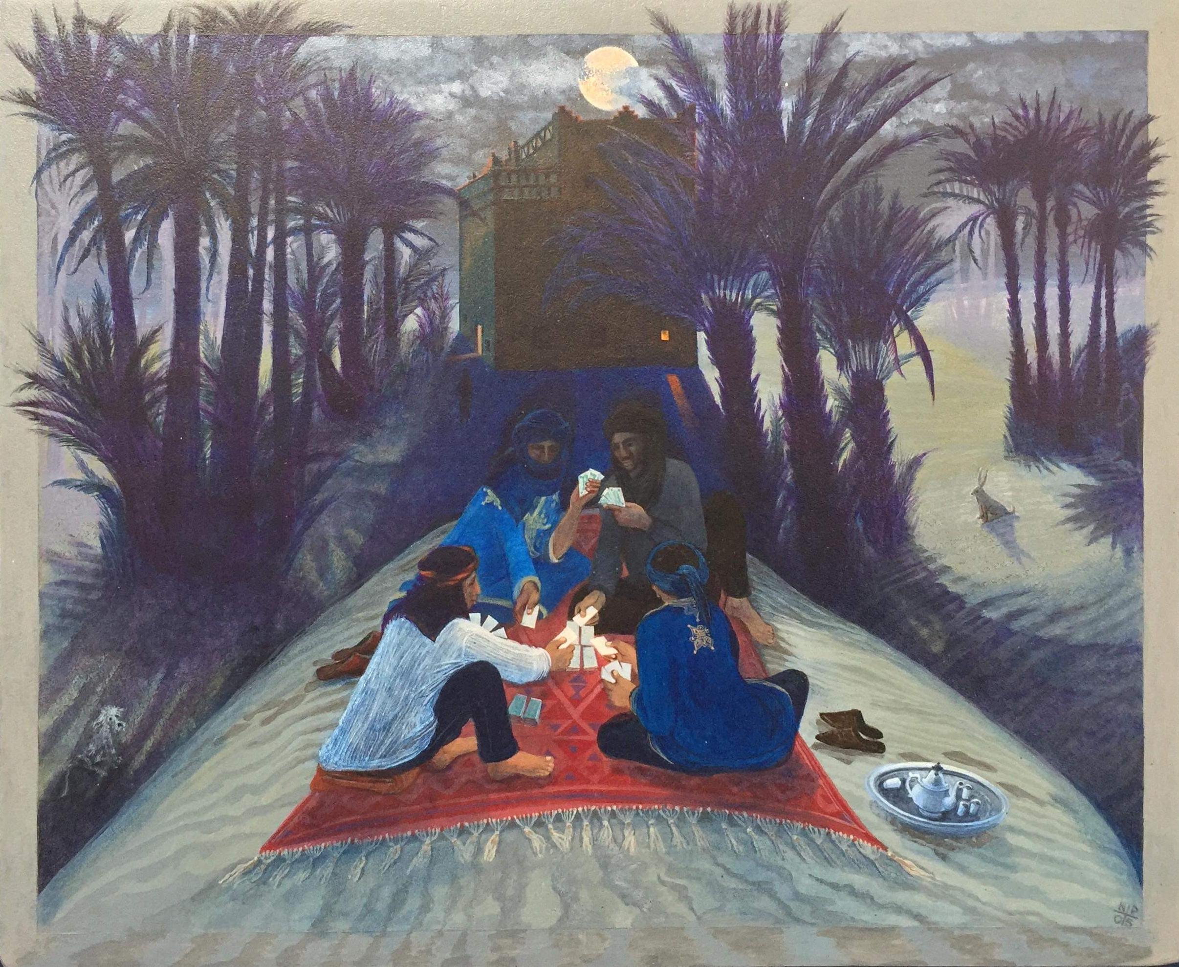 Peinture d'art populaire du Maroc, clair de lune, dunes du désert, palmiers sous la lune - Painting de Nancy Patterson