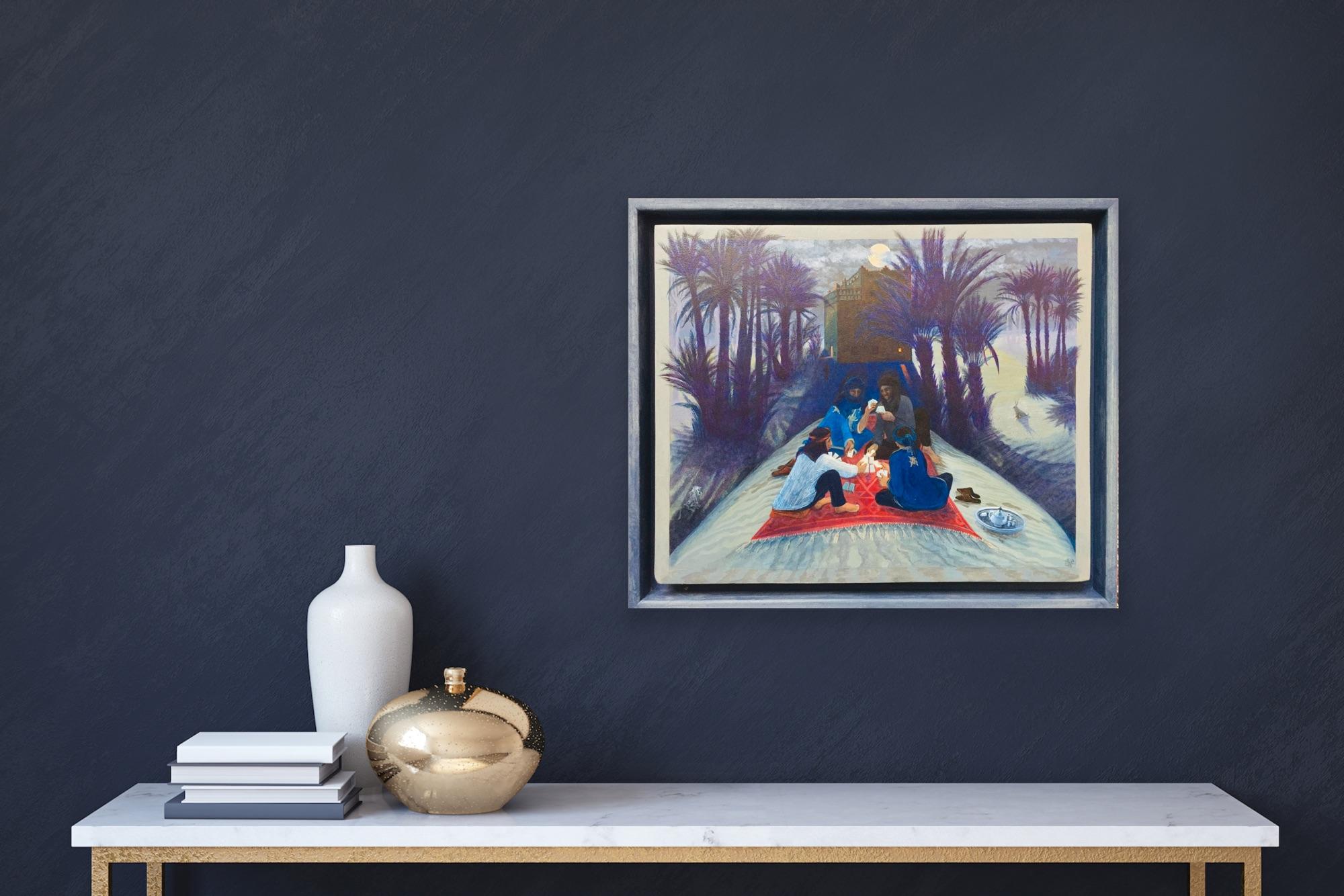 Pittura folkloristica al chiaro di luna Marocco Dune del deserto Palme sotto la luna 3