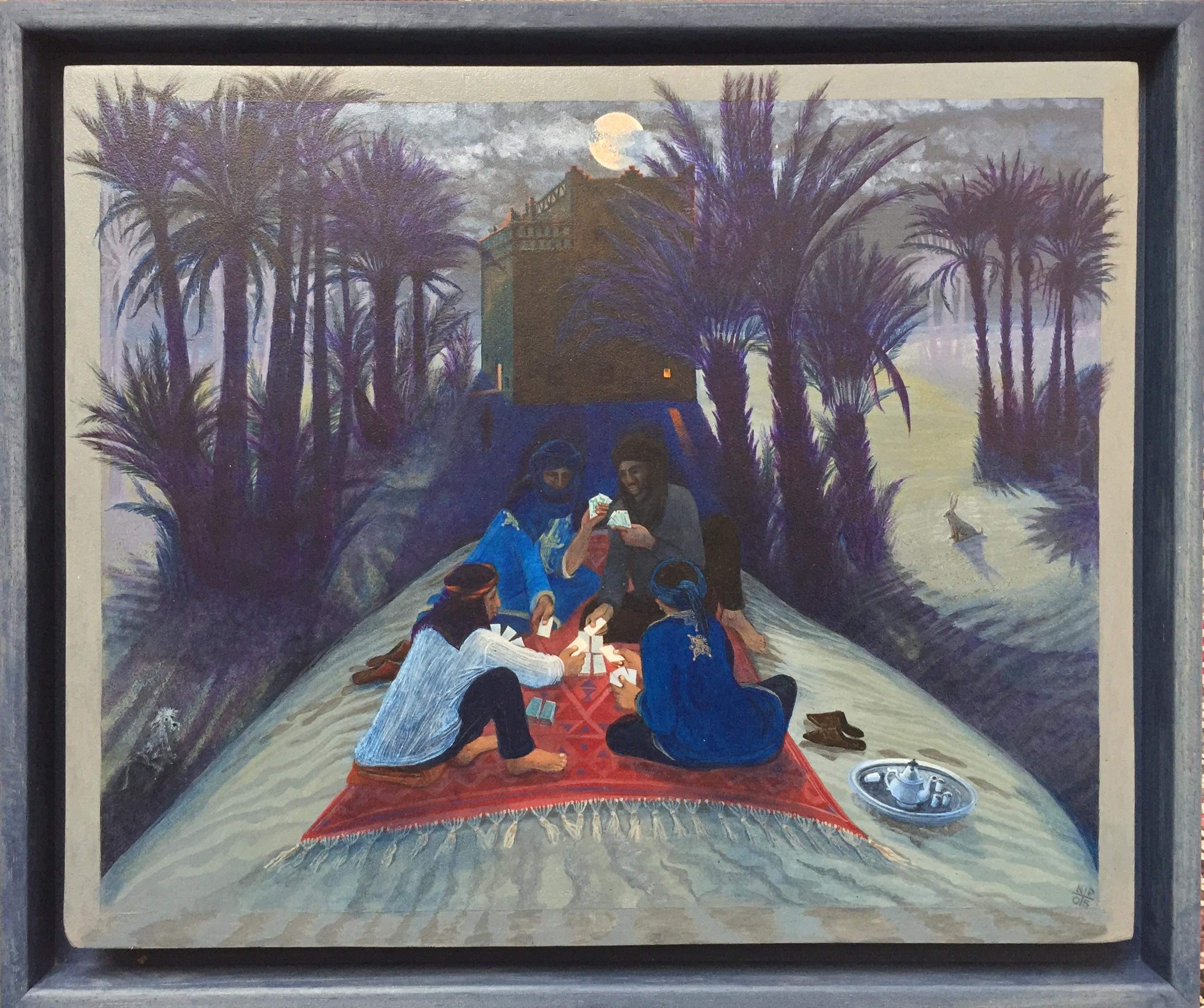 Landscape Painting Nancy Patterson - Peinture d'art populaire du Maroc, clair de lune, dunes du désert, palmiers sous la lune