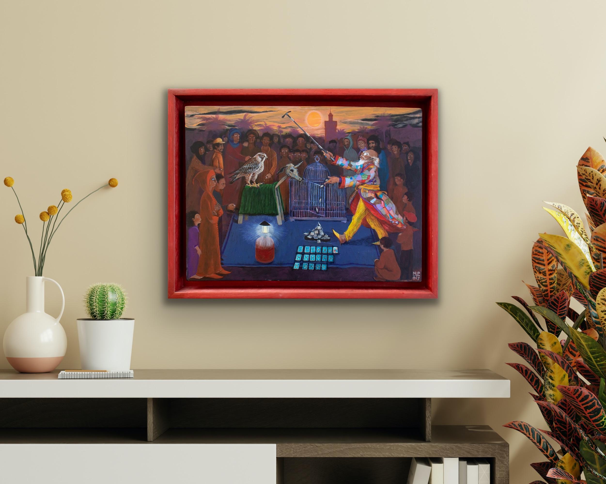 Peinture d'art populaire - Peinture narrative Maroc Afrique Magician rouge/orange en vente 5